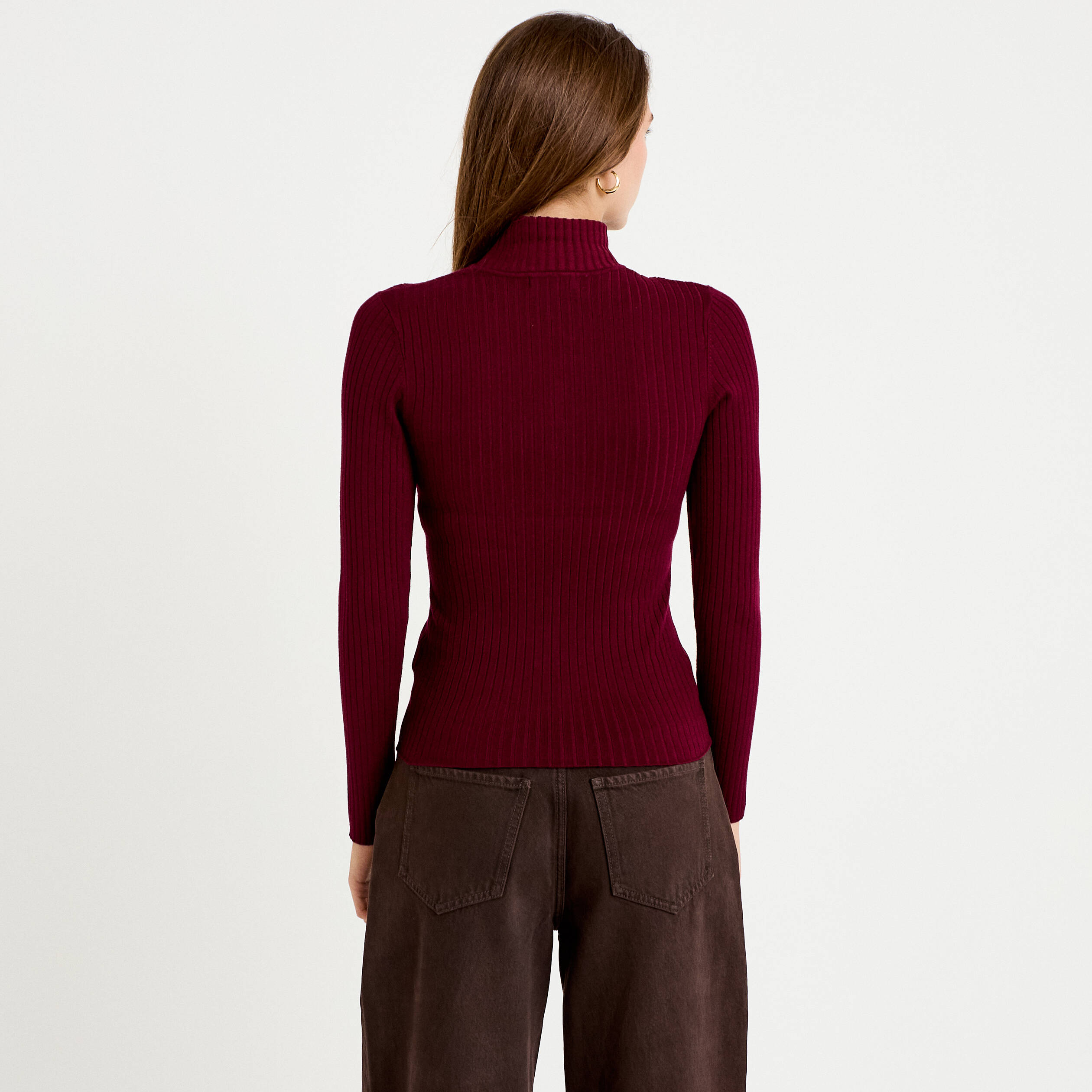 Pull c&ocirc;tel&eacute; col roul&eacute; bordeaux femme