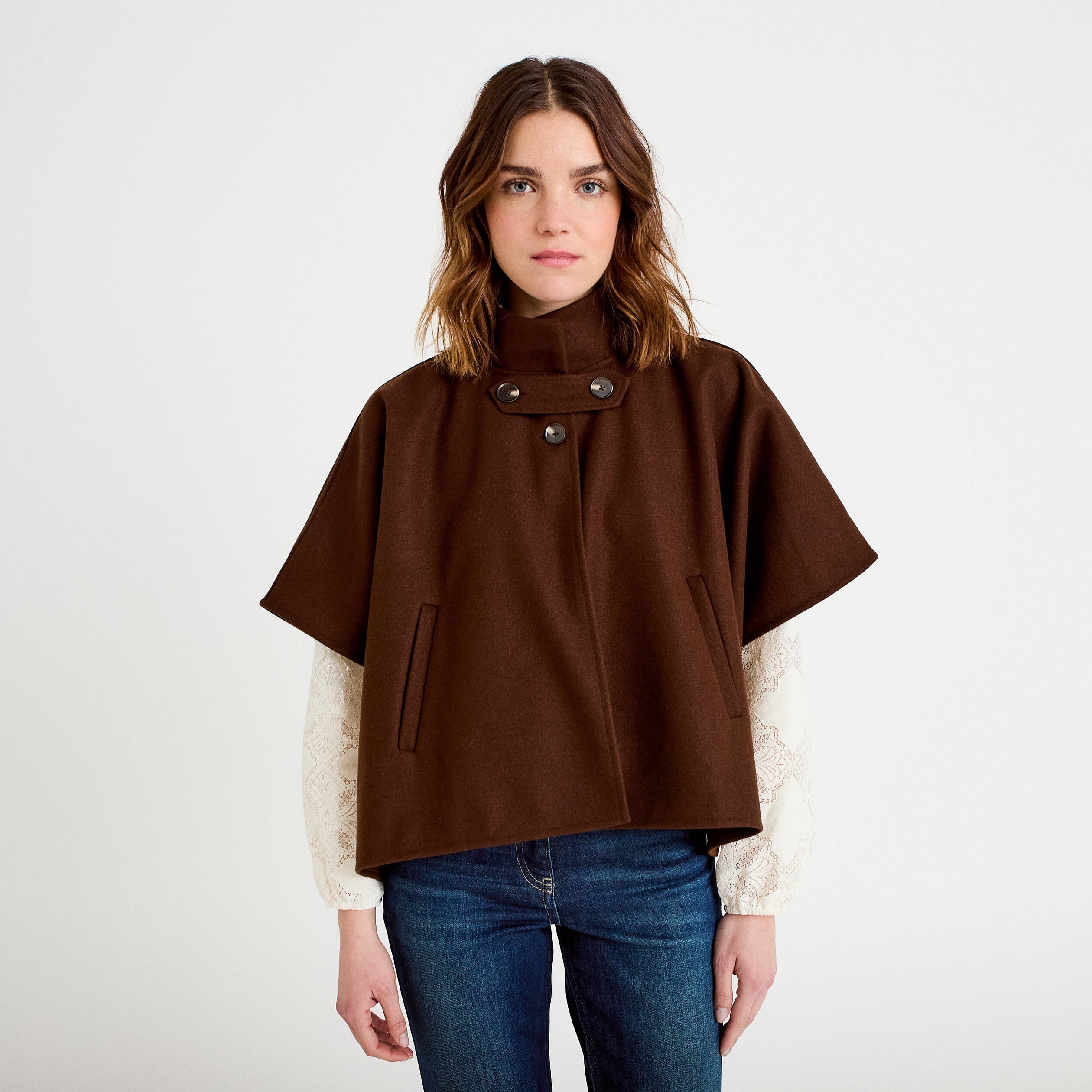 Poncho col am&eacute;ricain marron fonc&eacute; femme
