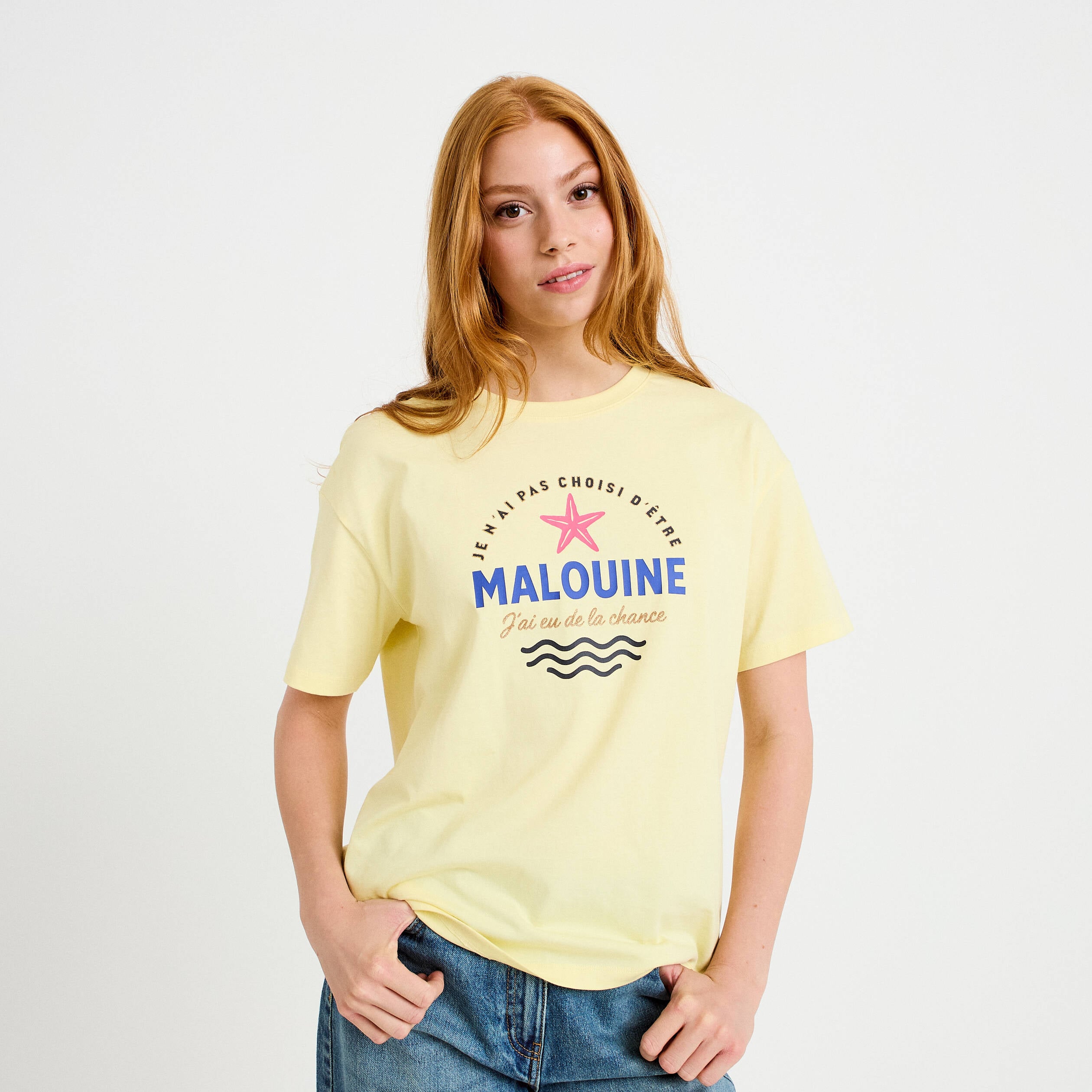 T-shirt col rond manches courtes jaune pastel femme