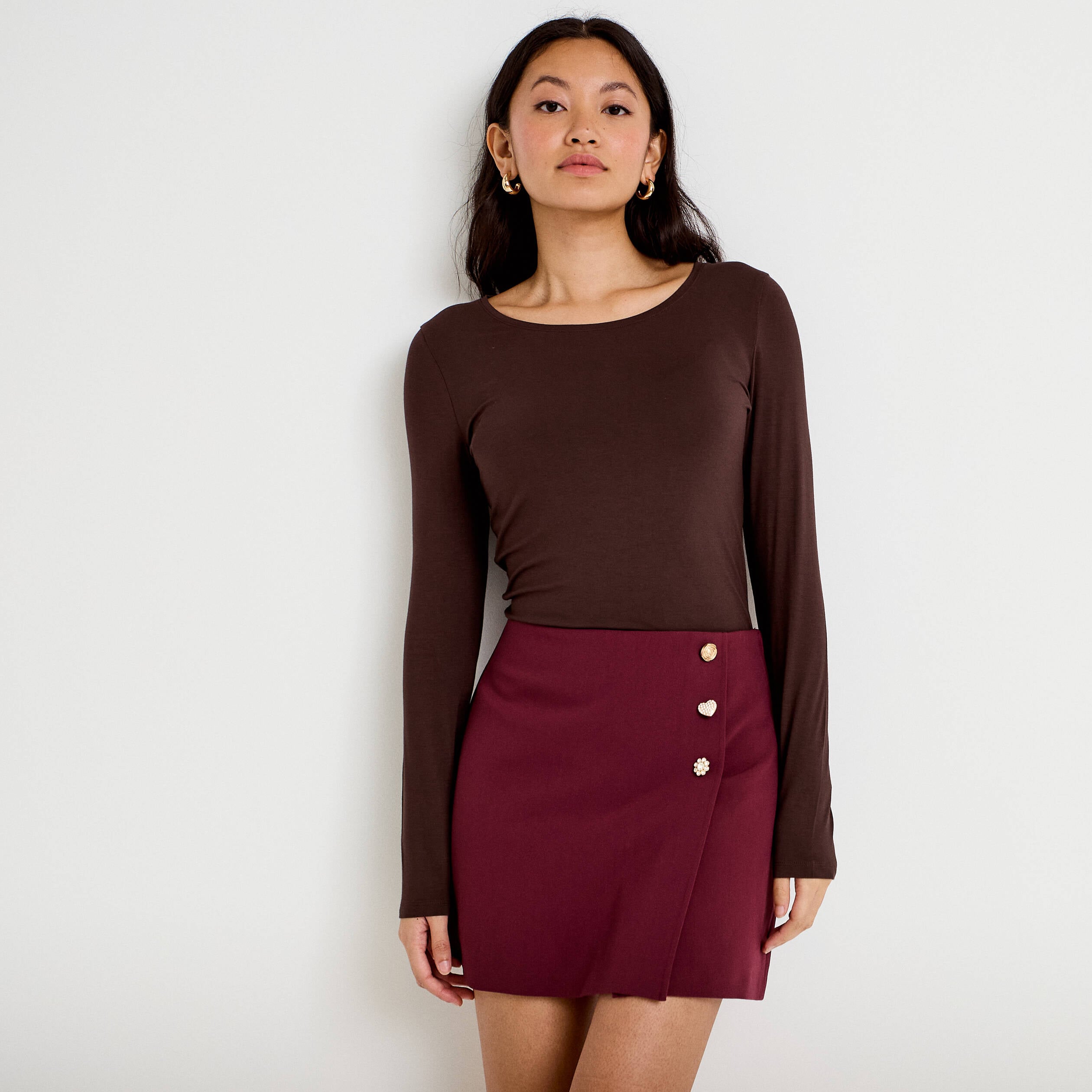 Jupe-short &eacute;vas&eacute;e taille haute bordeaux femme