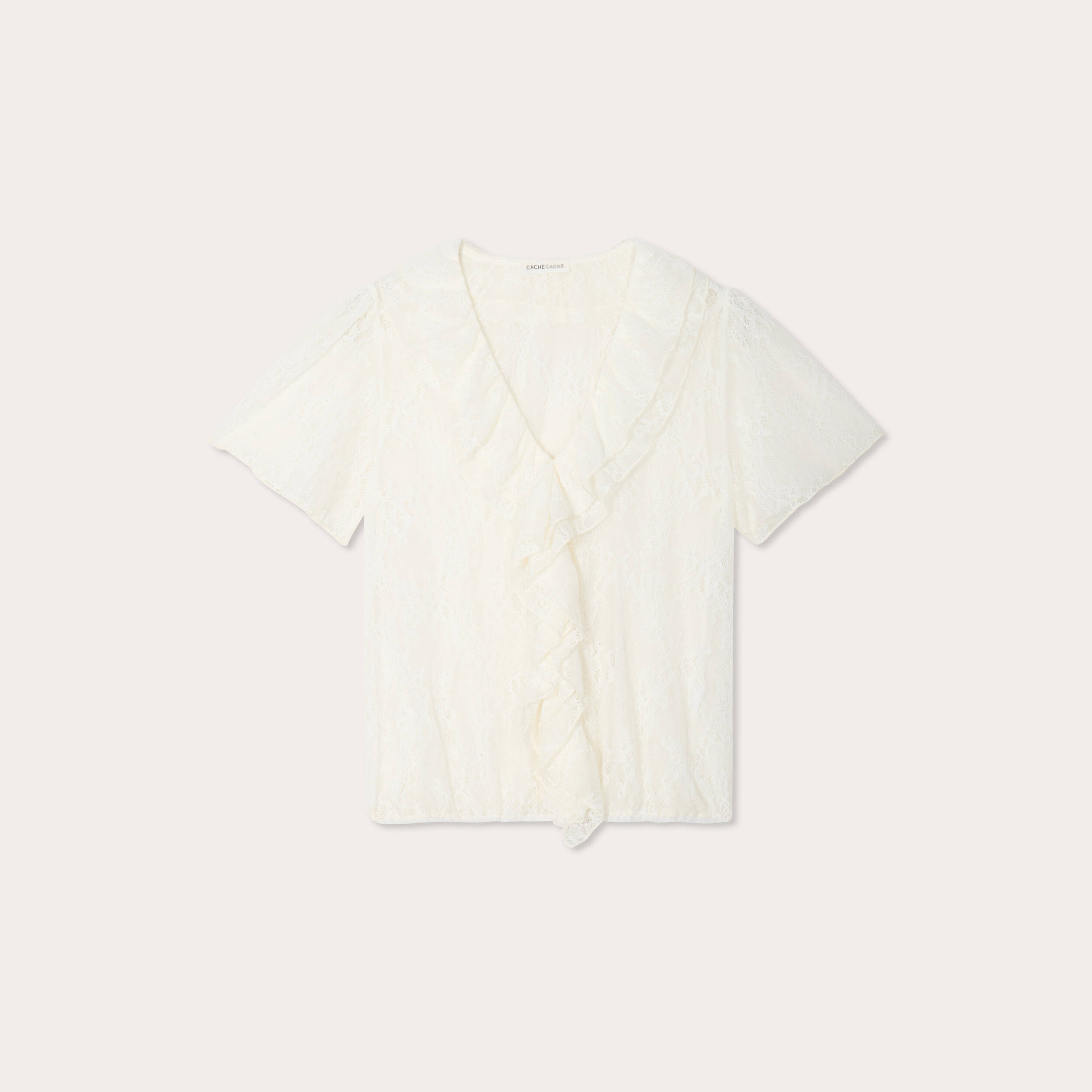 Top dentelle et volants ecru femme