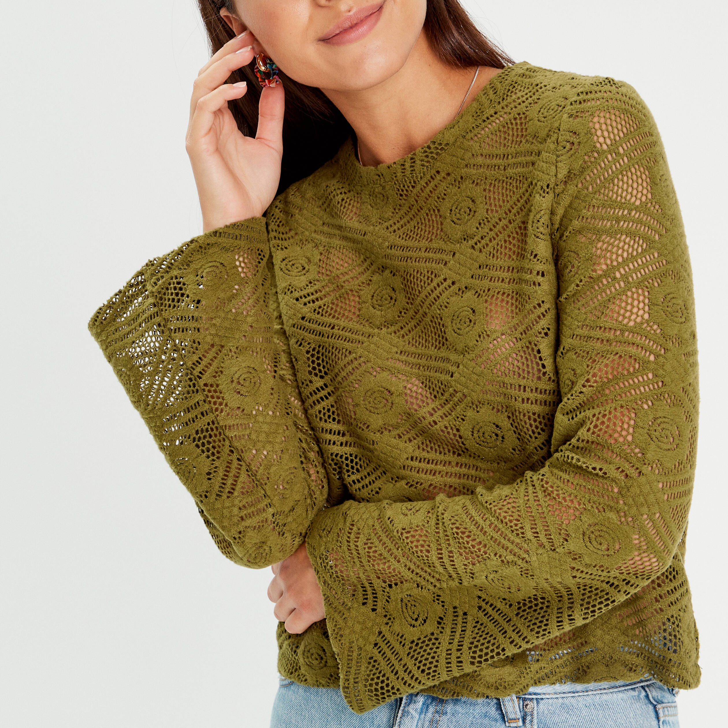t shirt ajoure manches pagodes vert olive femme T-shirt ajouré manches pagodes vert olive femme