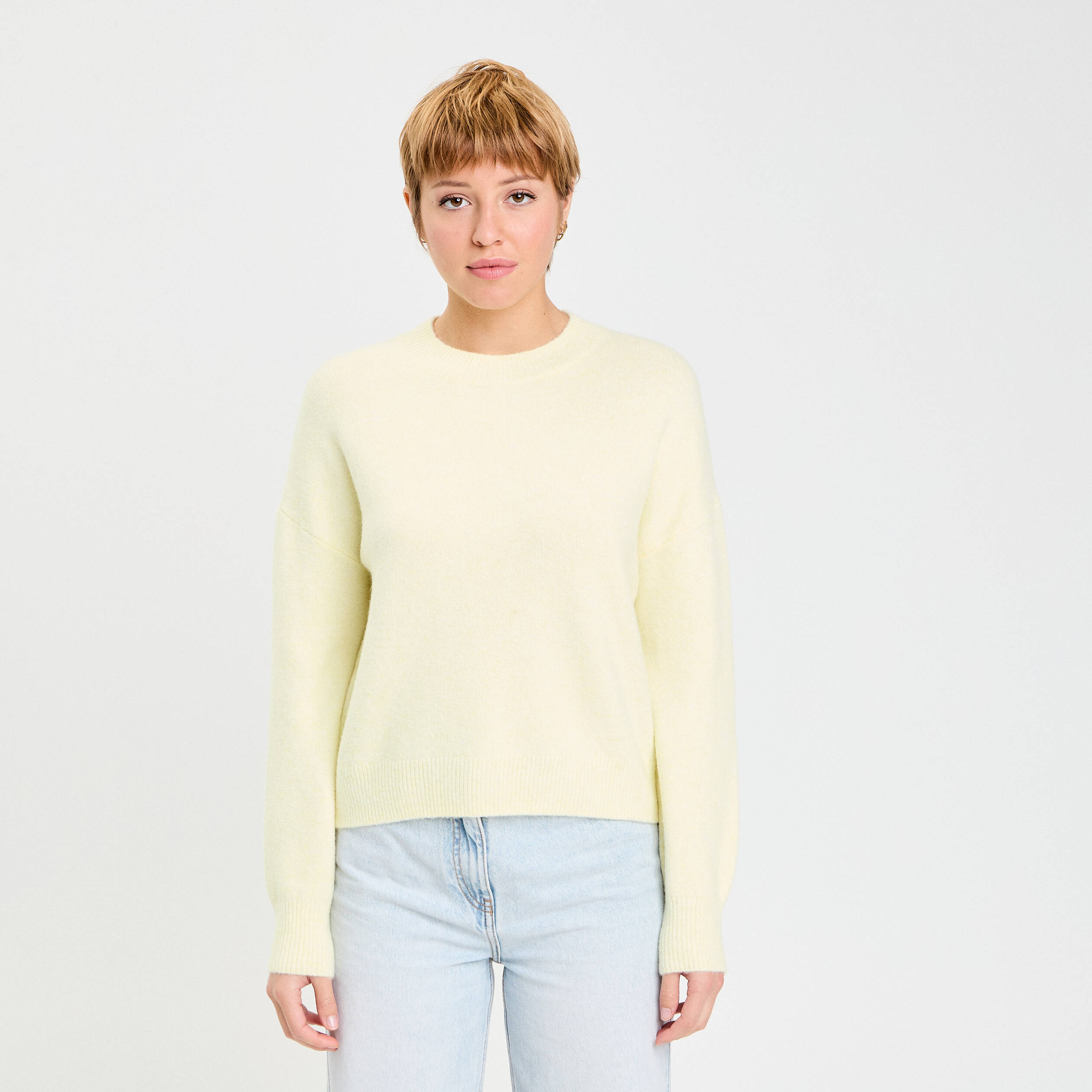 Pull col rond jaune clair femme