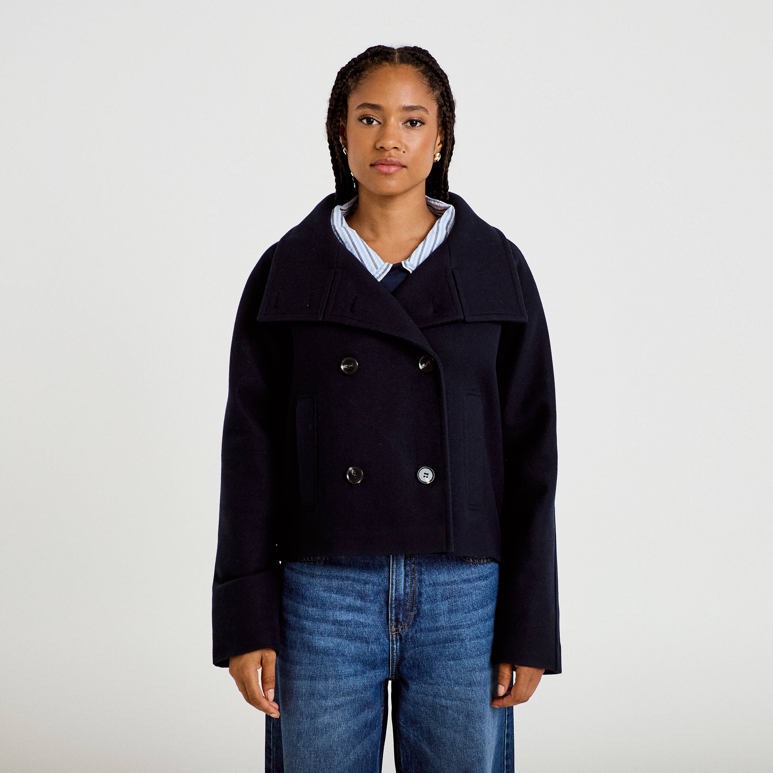 Caban court col montant bleu marine femme