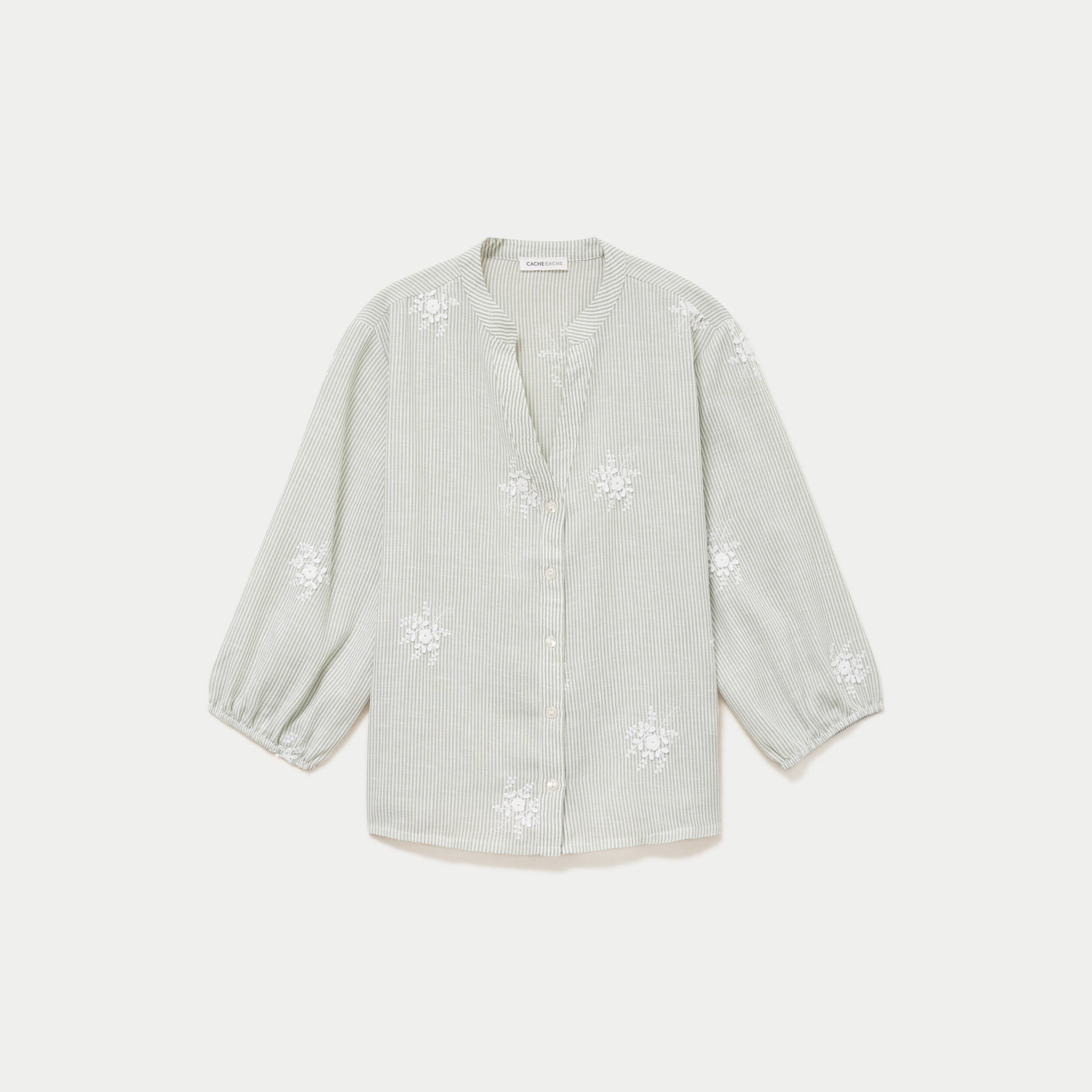 Blouse col tunisien vert kaki femme