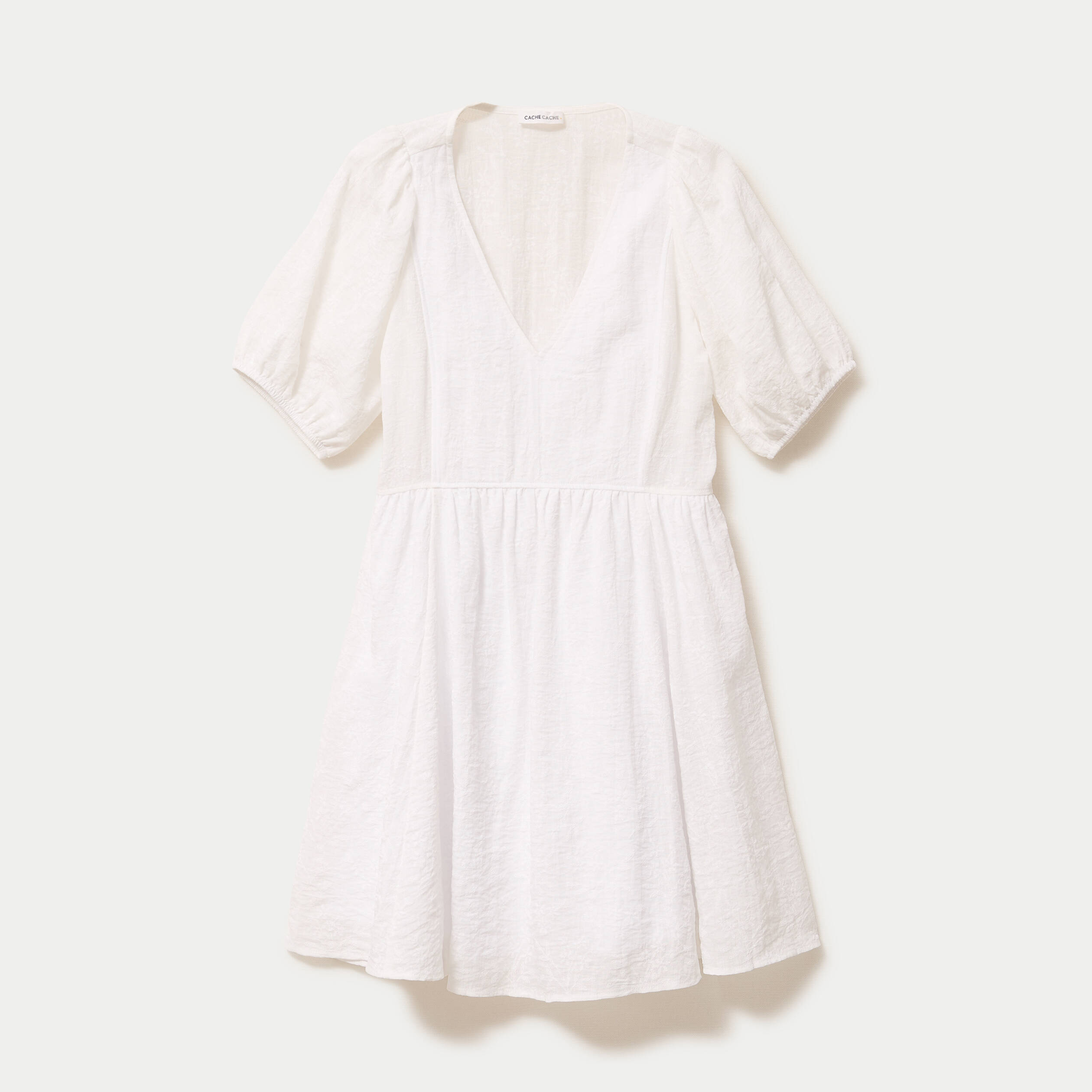 Robe droite courte col v manches courtes blanc femme