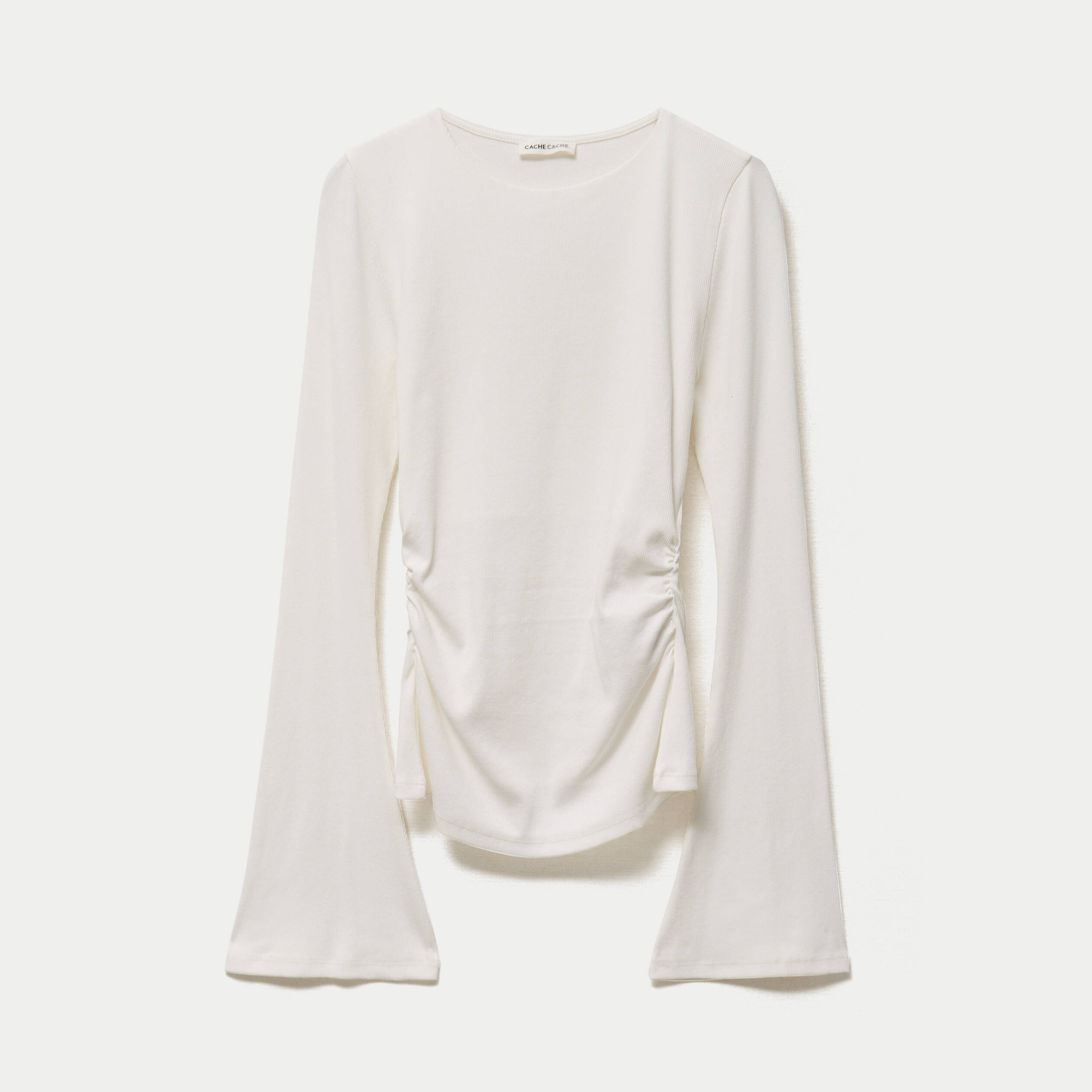 T-shirt ajust&eacute; col rond manches longues ecru femme
