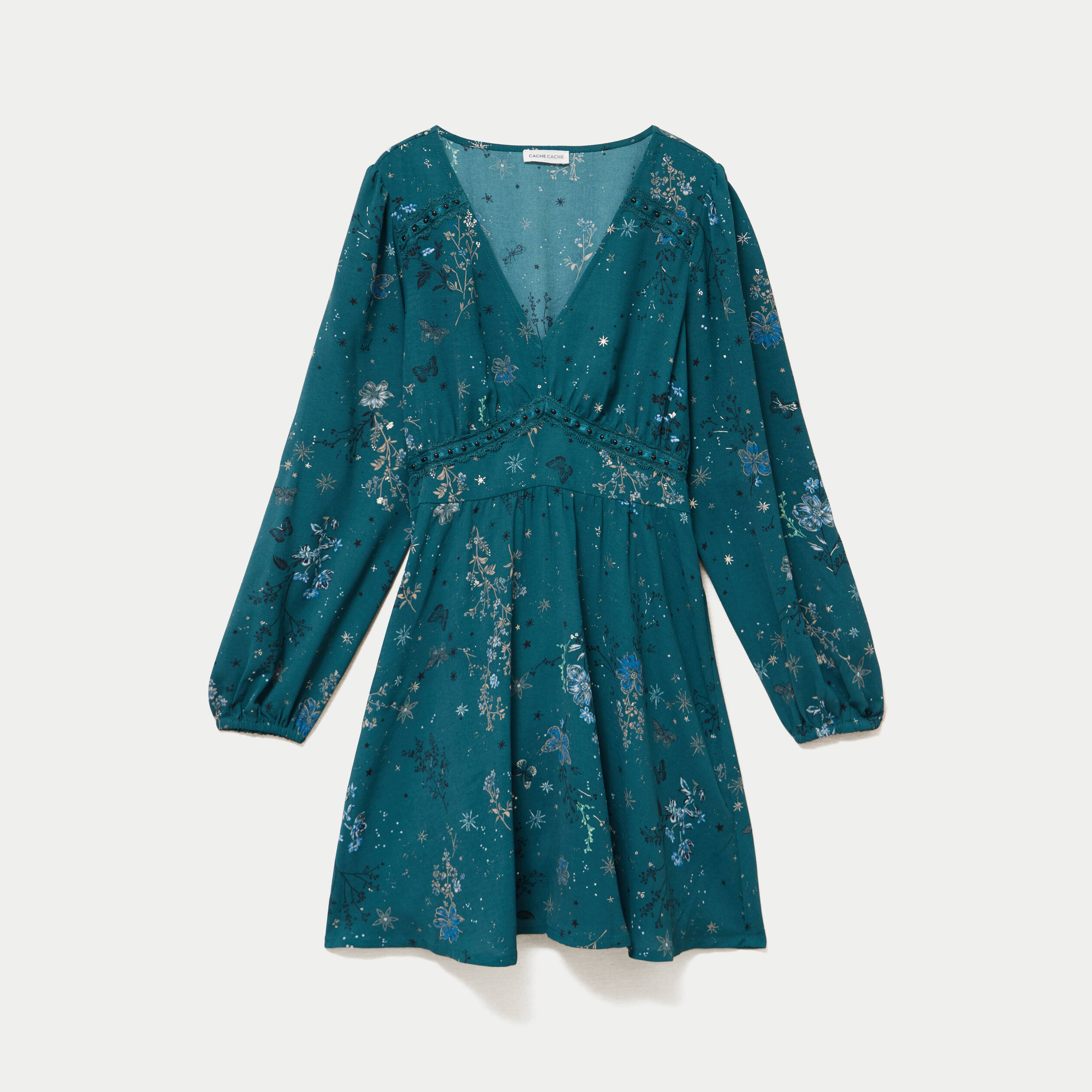 Robe courte &eacute;vas&eacute;e col v manches longues vert femme