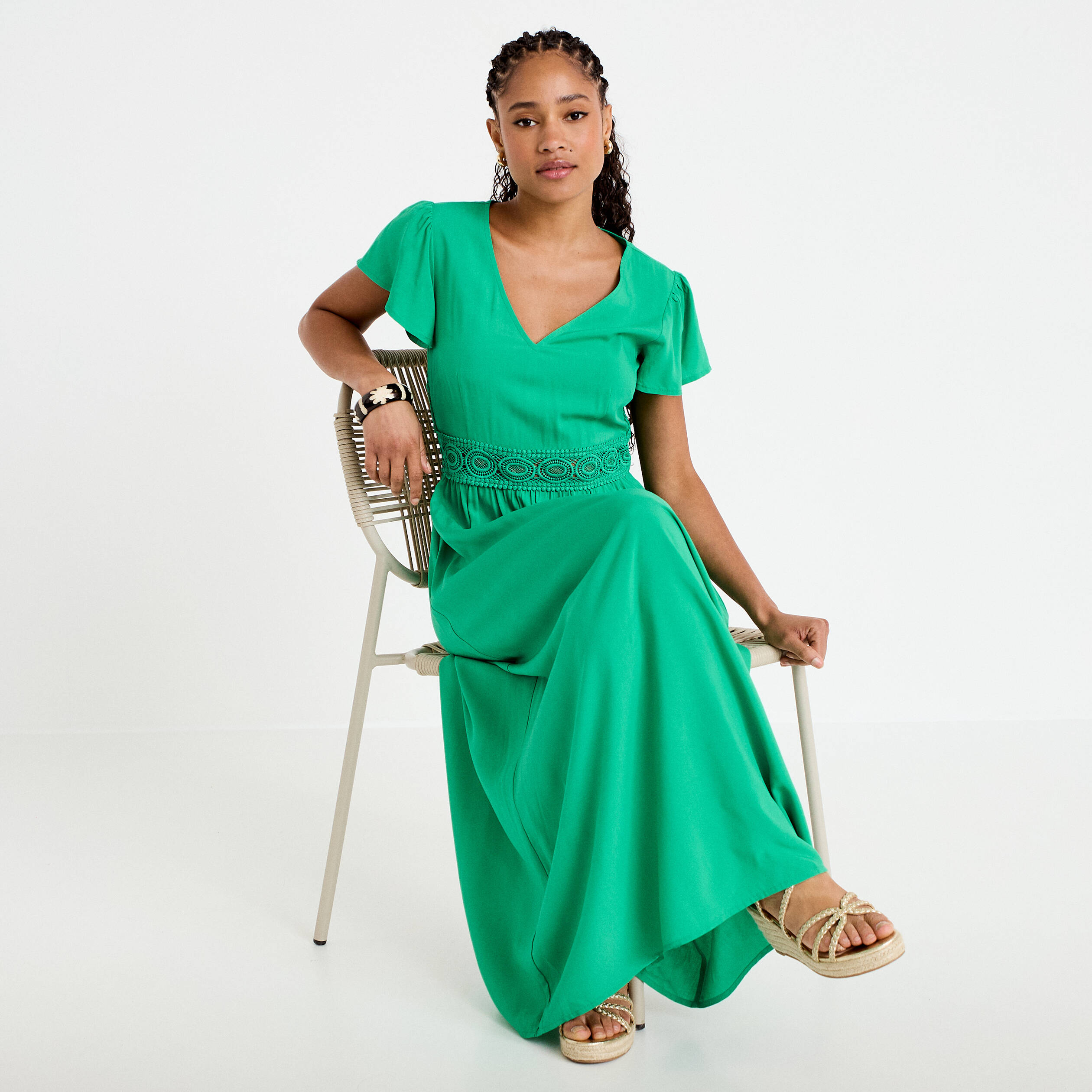 Robe longue &eacute;vas&eacute;e vert femme
