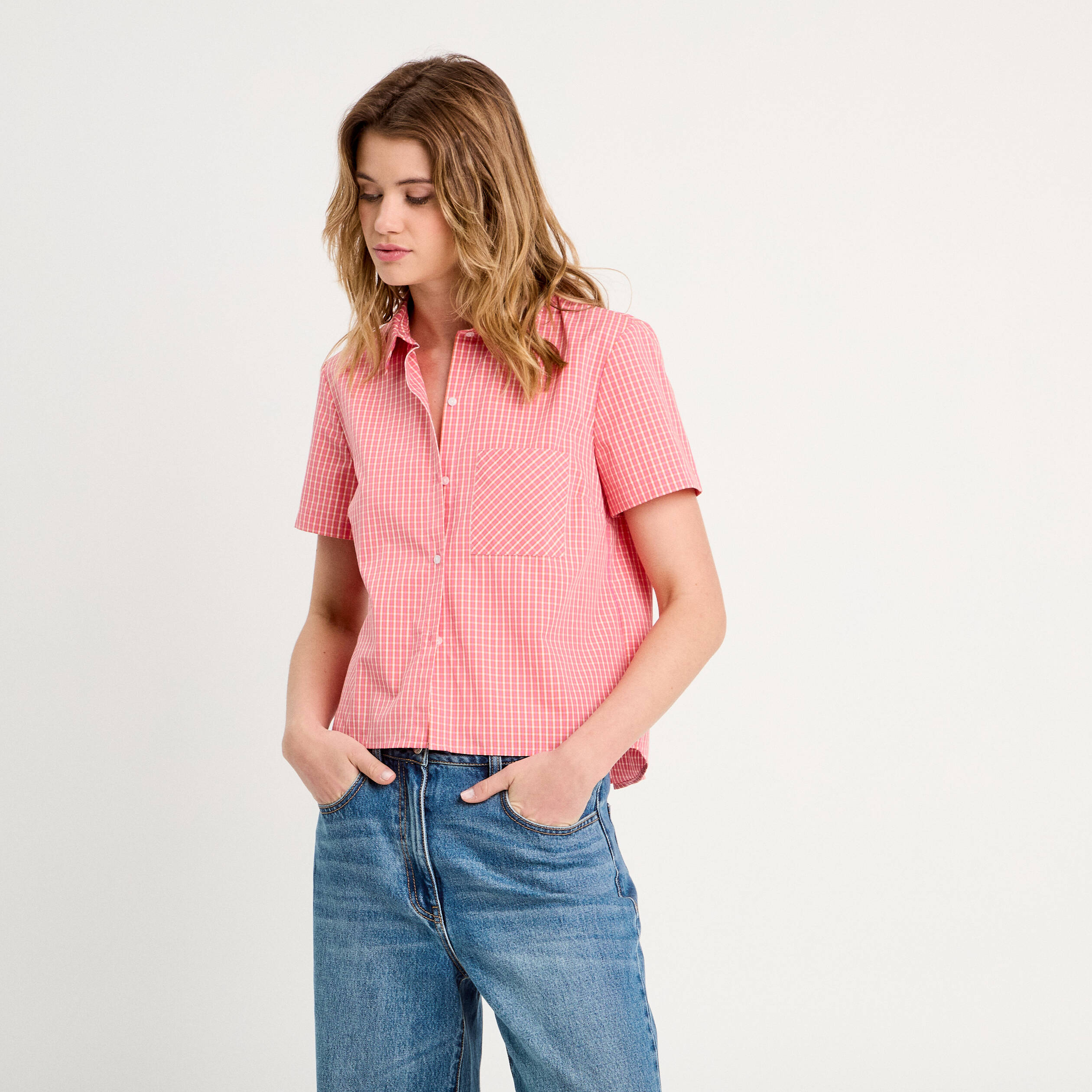 Chemise manches courtes rose corail femme