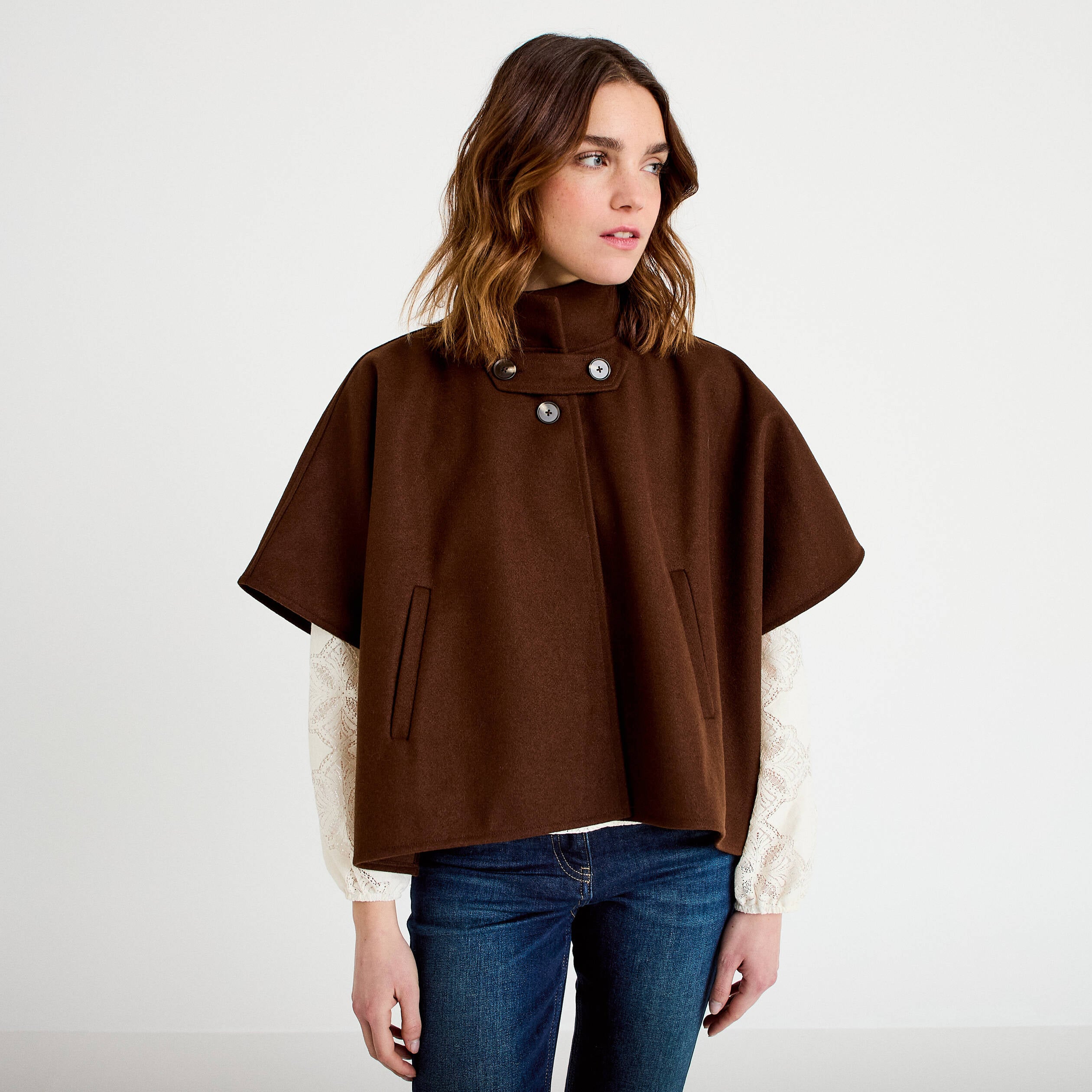 Poncho col am&eacute;ricain marron fonc&eacute; femme