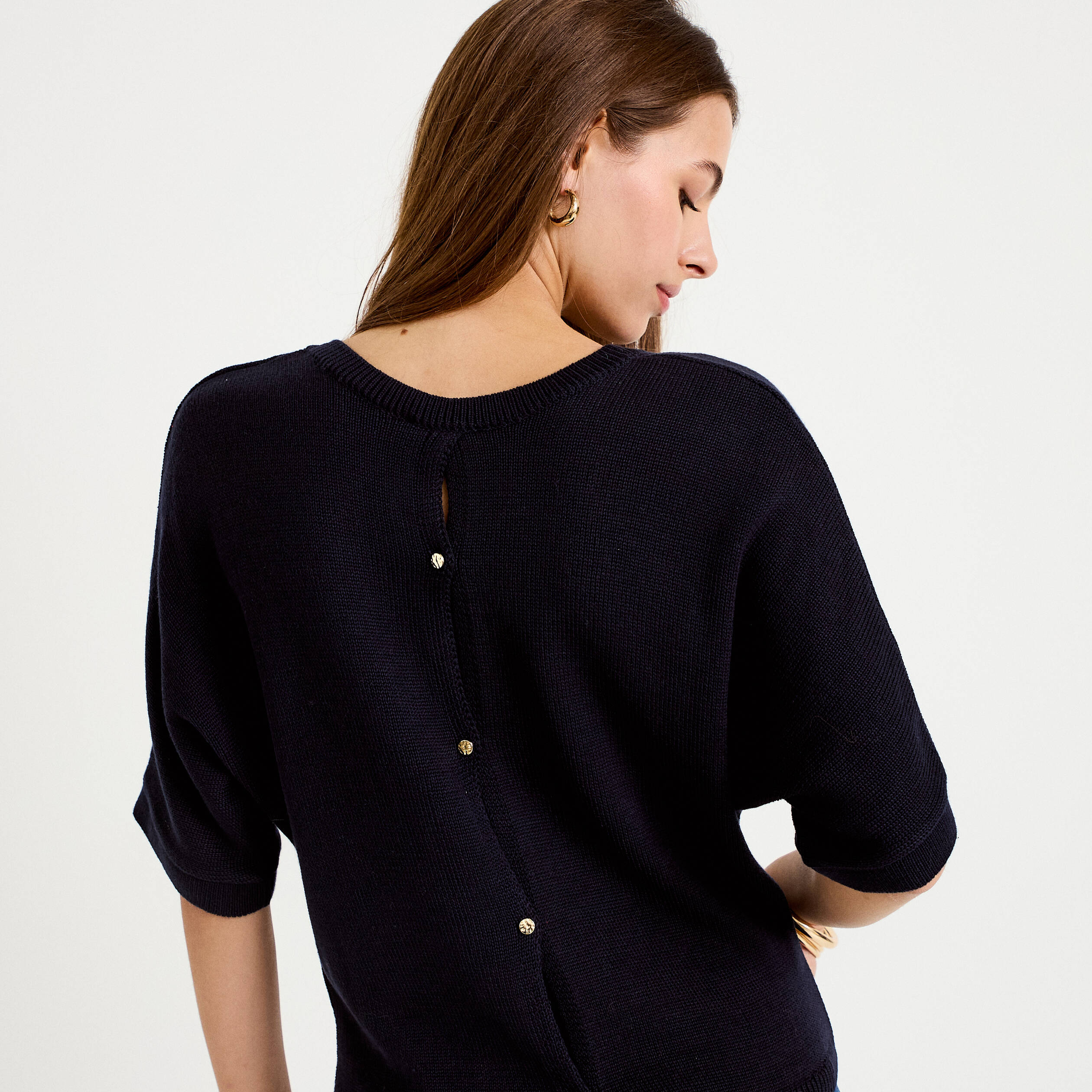 Pull ample col v manches courtes bleu marine femme