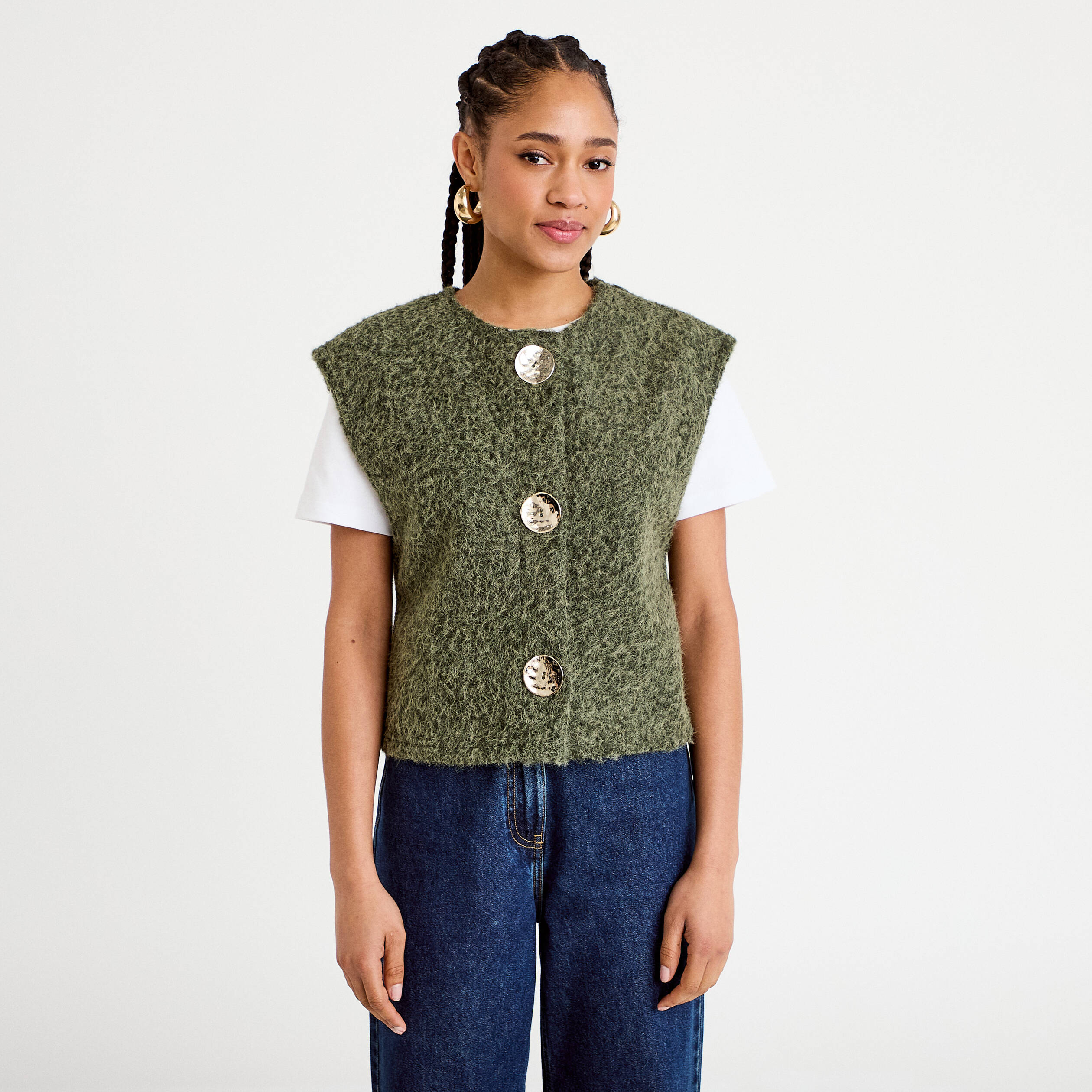 Gilet sans manches effet polaire vert kaki femme