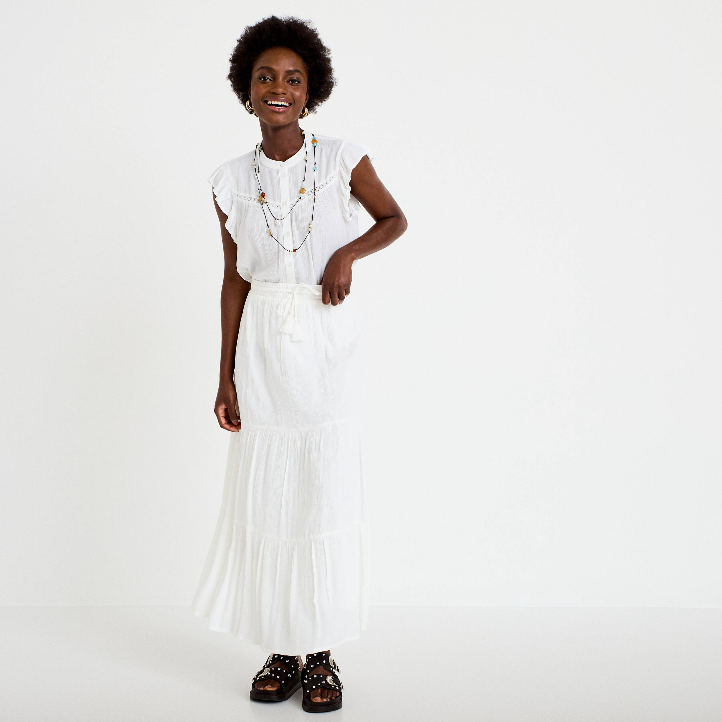 Top ample sans manches col carr&eacute; blanc femme