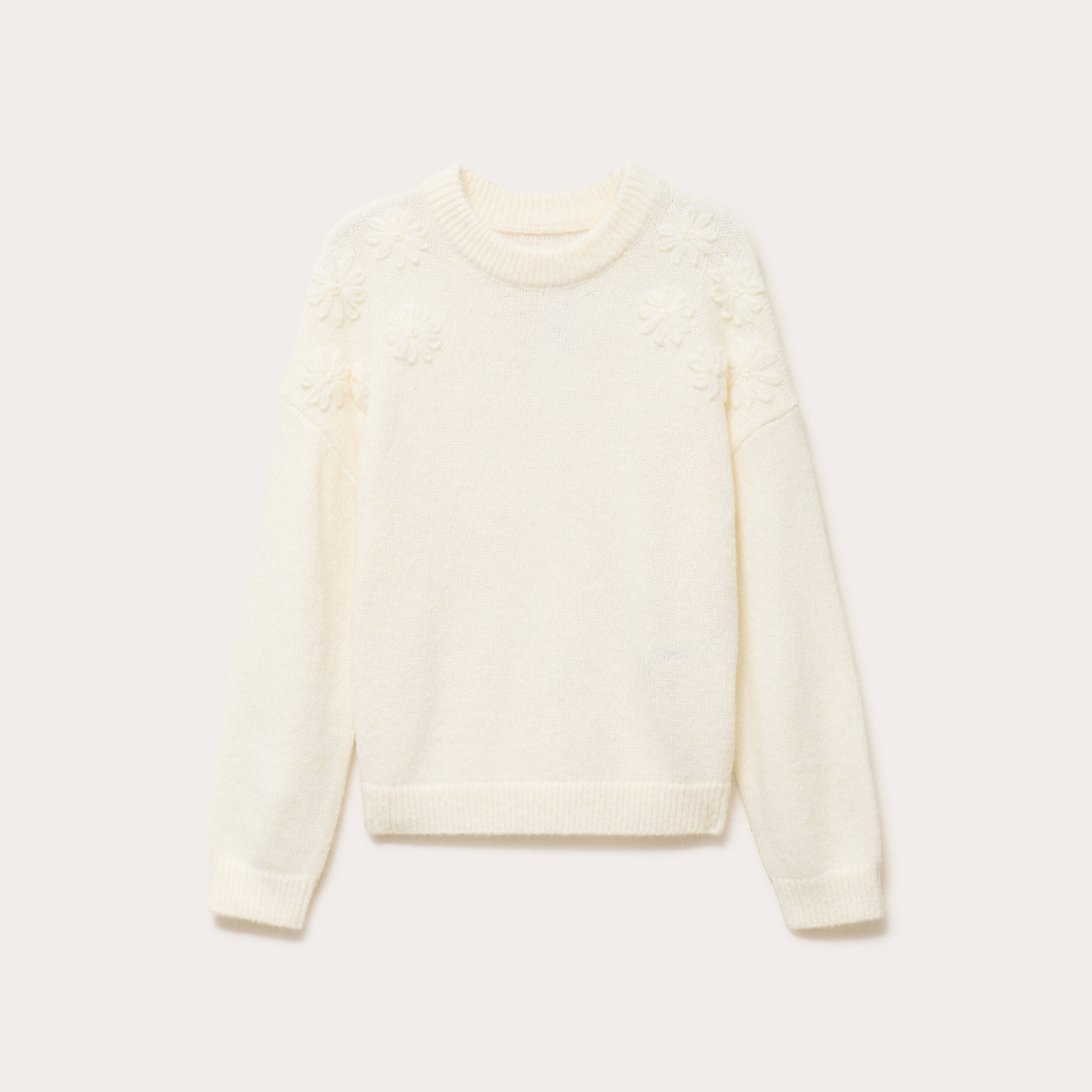 Pull brod&eacute; manches longues ecru femme