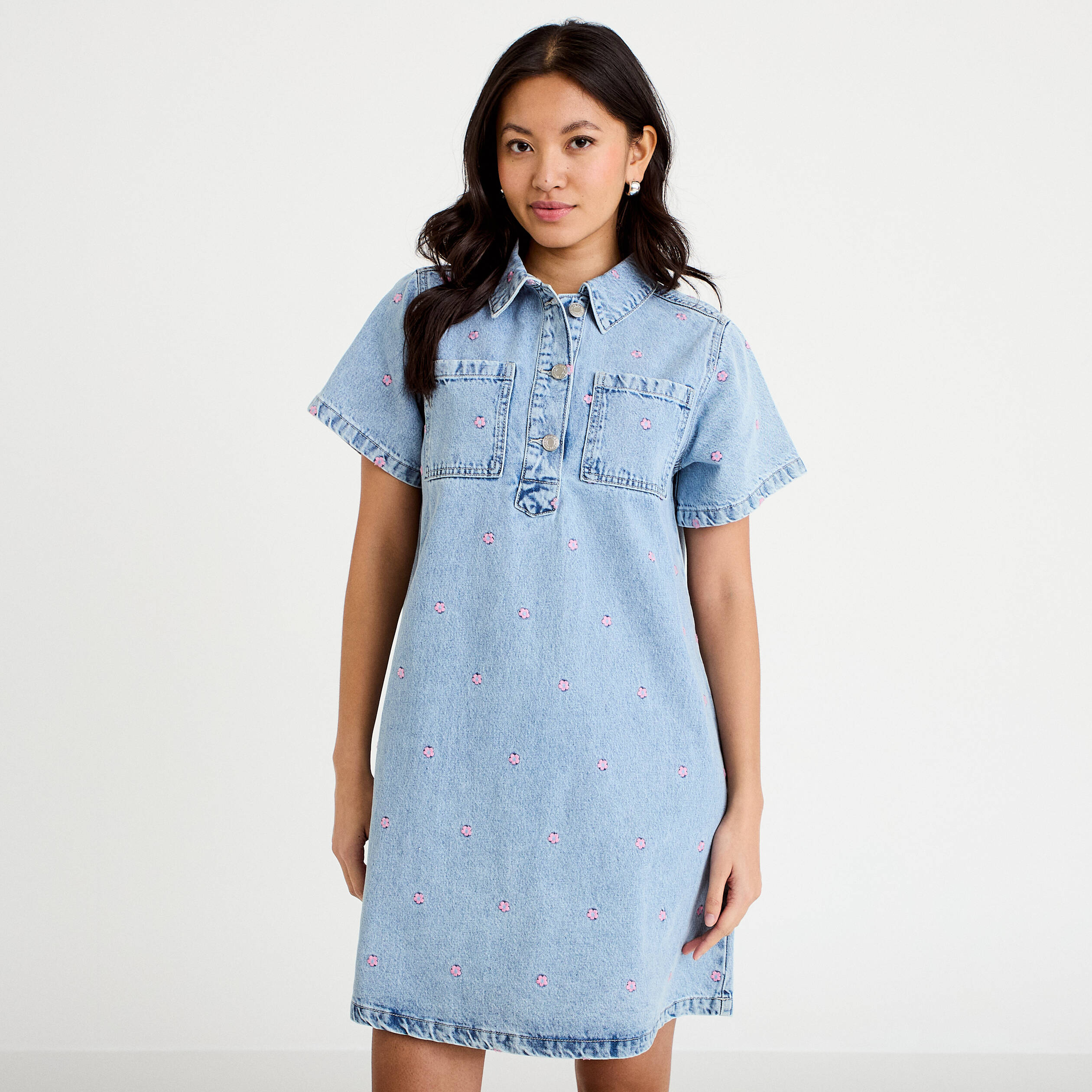 Robe en jean brod&eacute;e bleu fonc&eacute; femme