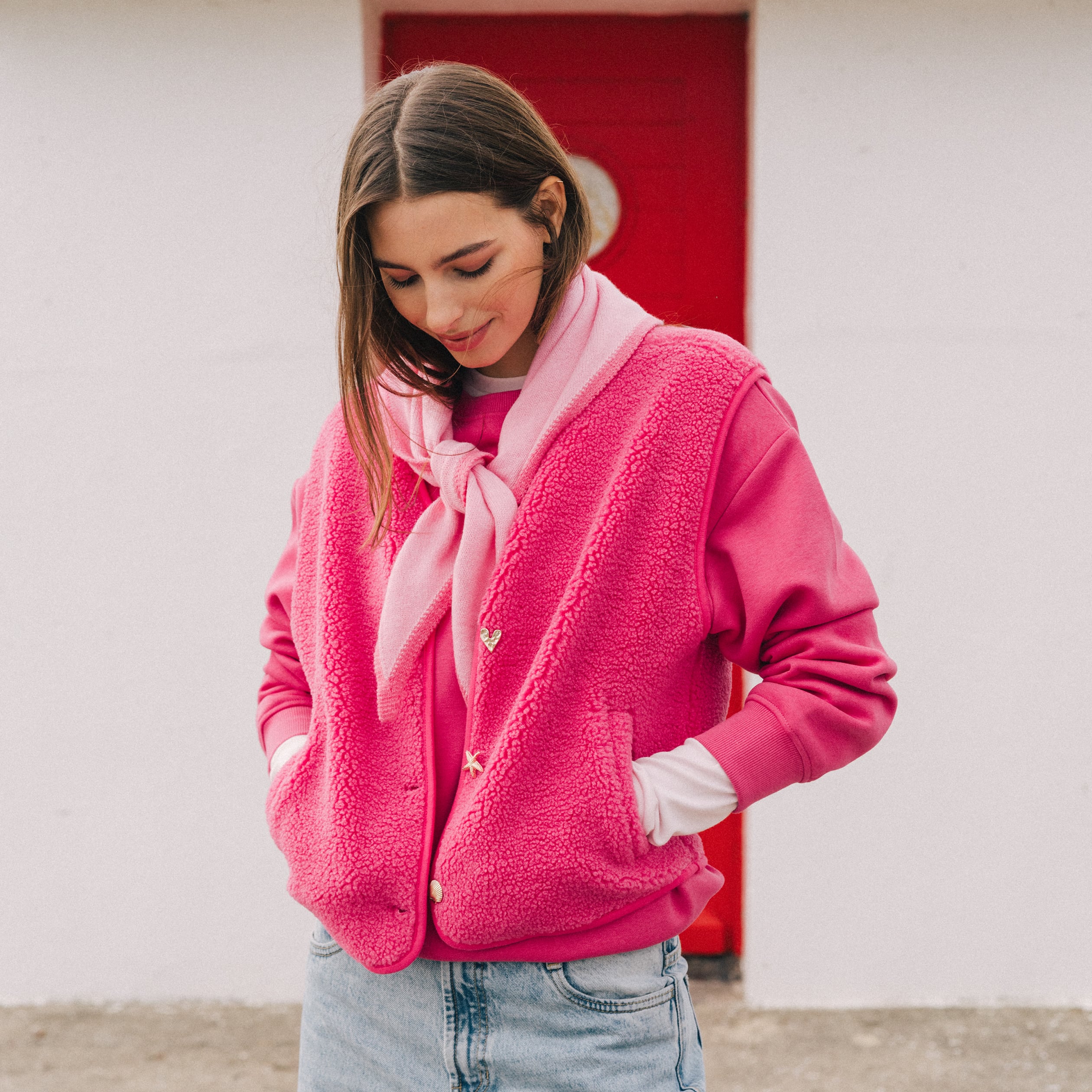 Gilet sans manches effet polaire col v rose fushia femme