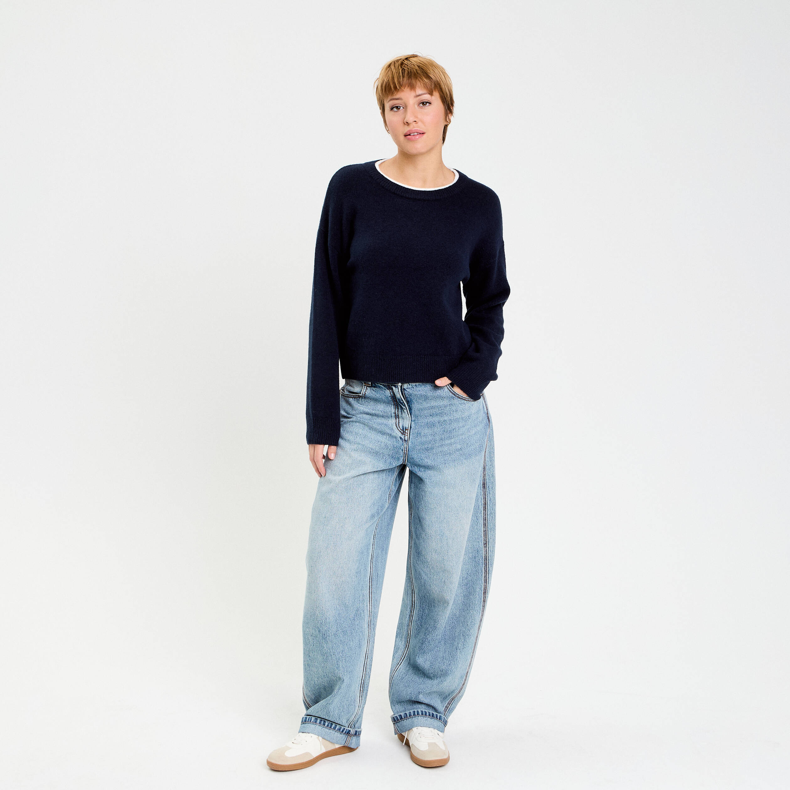 Pull col rond manches longues bleu marine femme