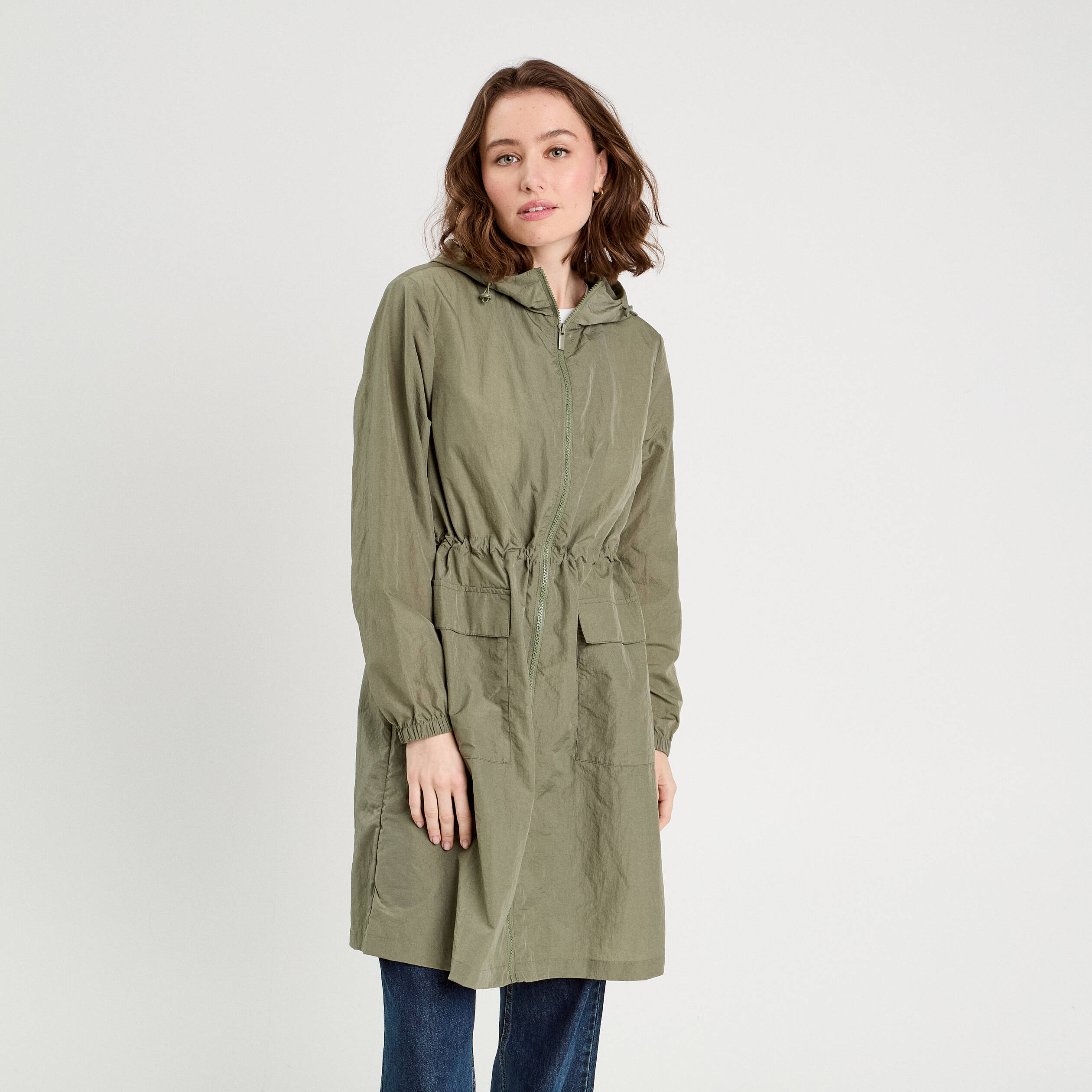 Parka d&eacute;perlante 2-en-1 avec pochette vert kaki femme