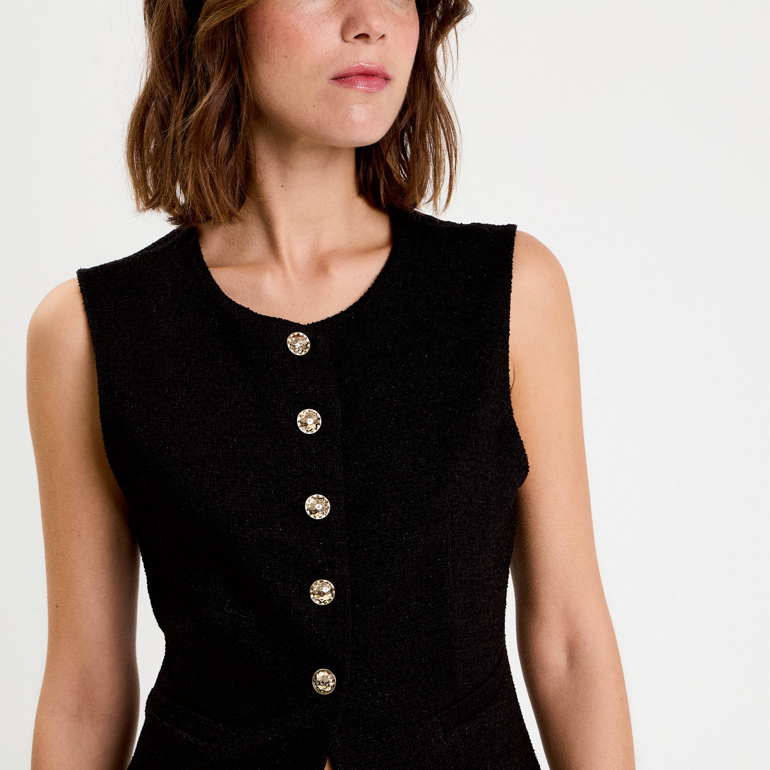 Gilet sans manches tweed noir femme