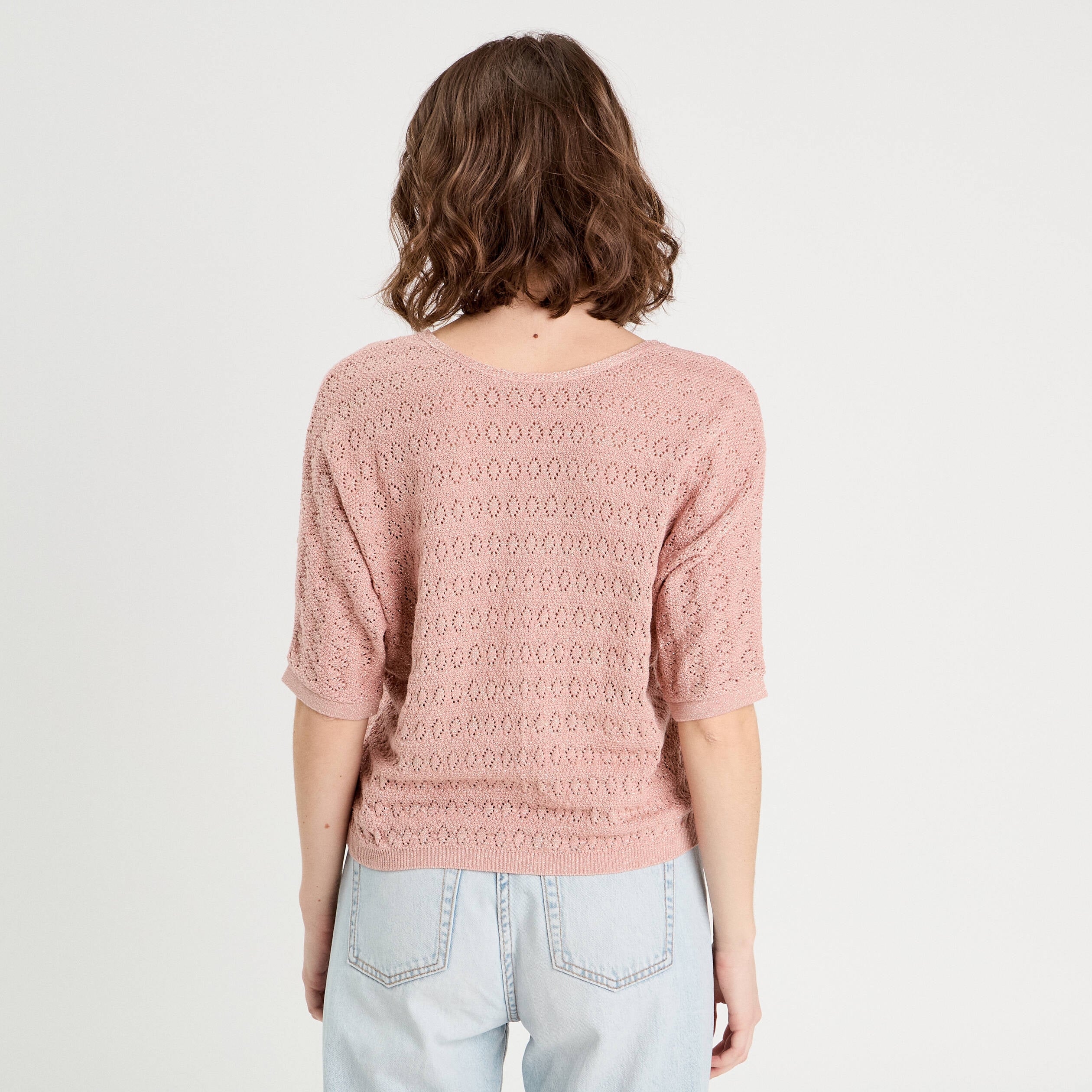 Pull ajour&eacute; manches 3/4 rose pastel femme