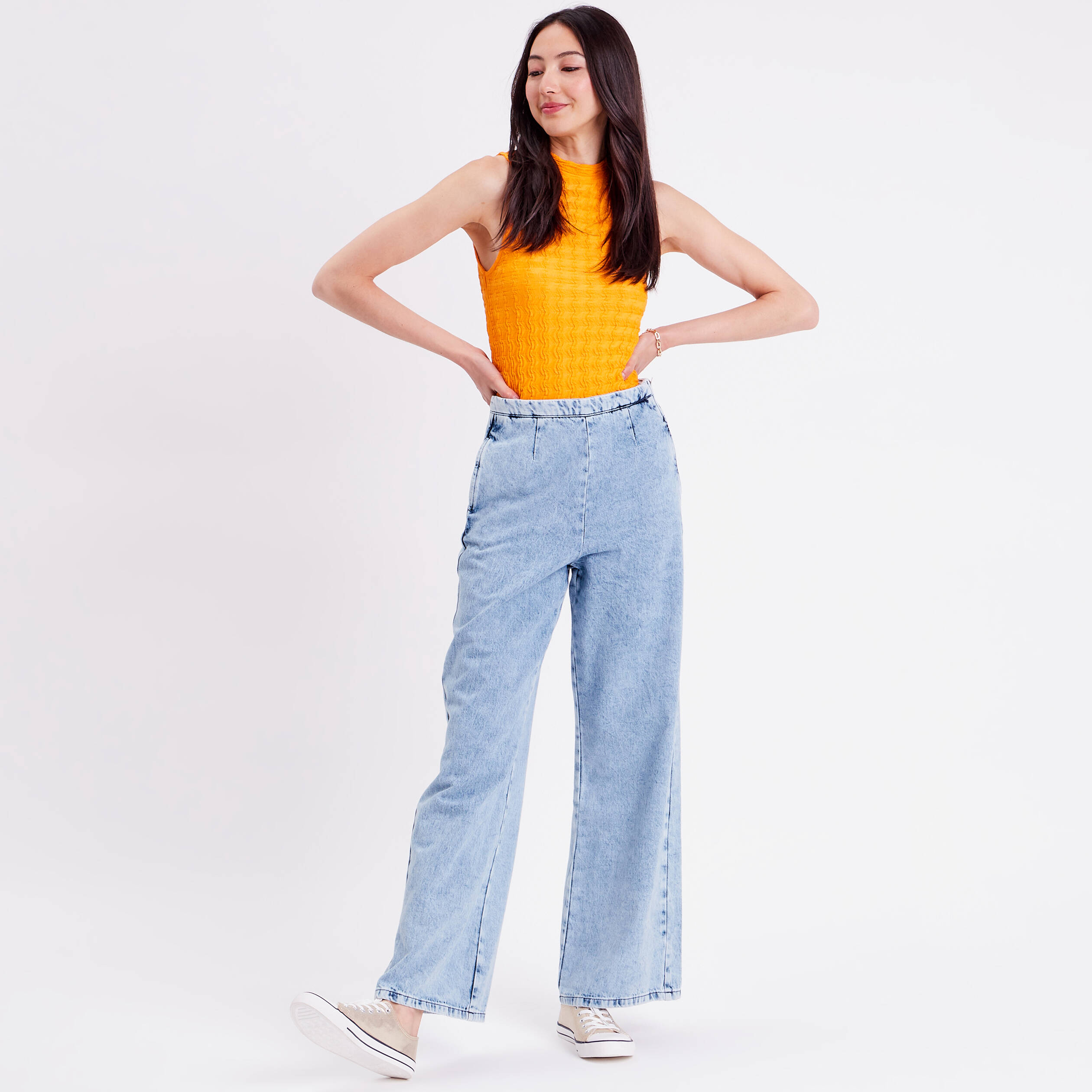 jeans large zippe denim bleach femme Jeans large zippé denim bleach femme