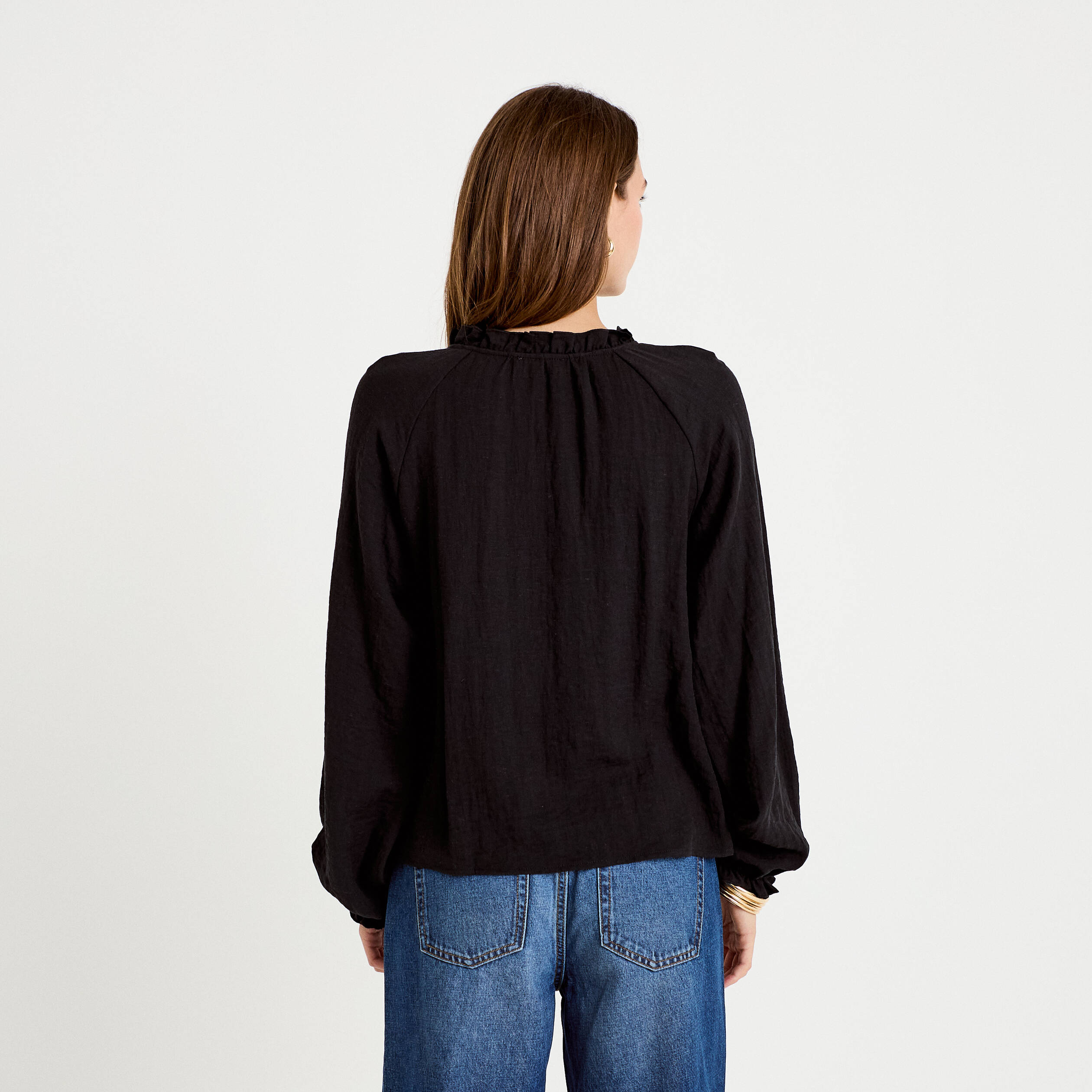 Blouse ample pliss&eacute;e manches longues noir femme