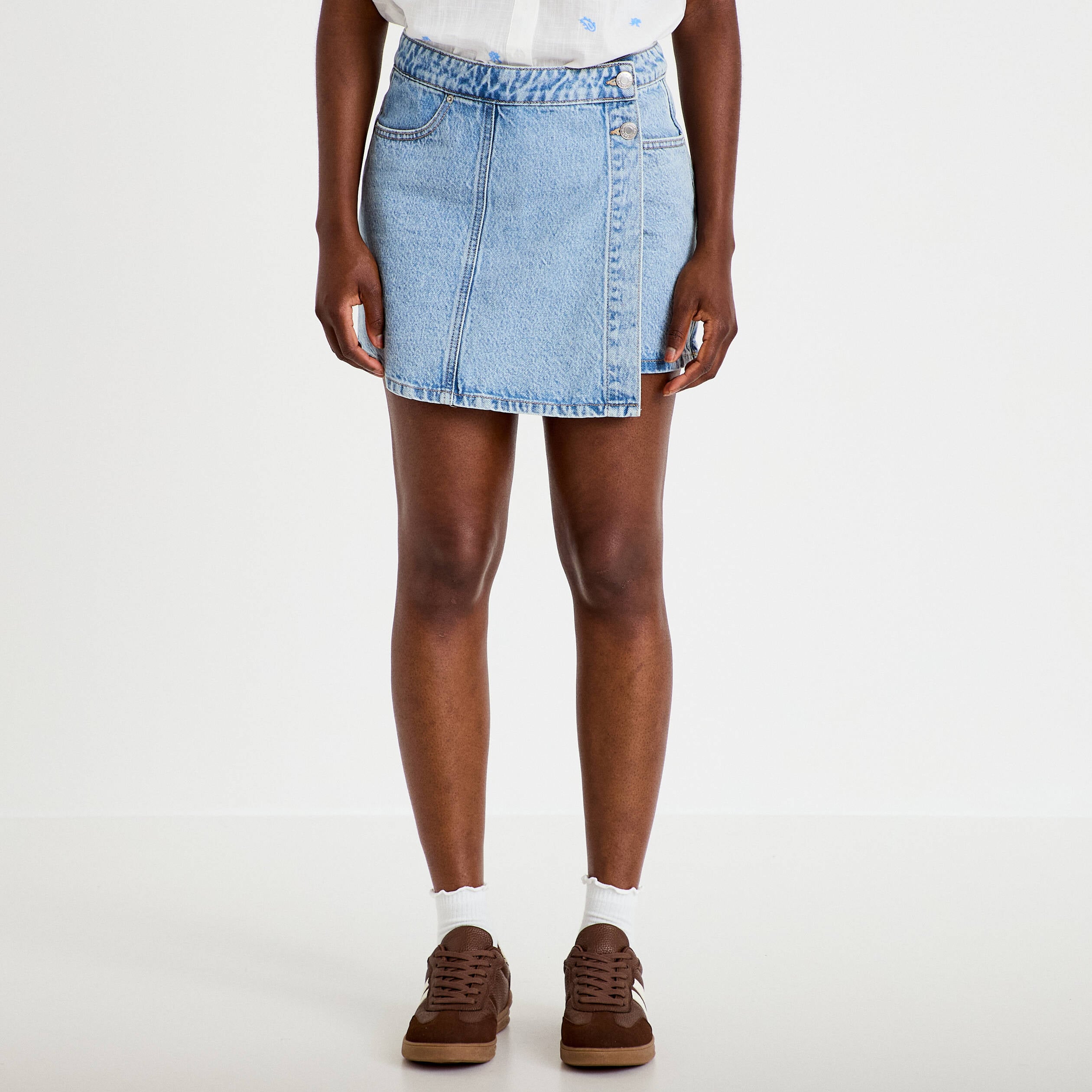 Jupe-short trap&egrave;ze en jean denim triple stone femme