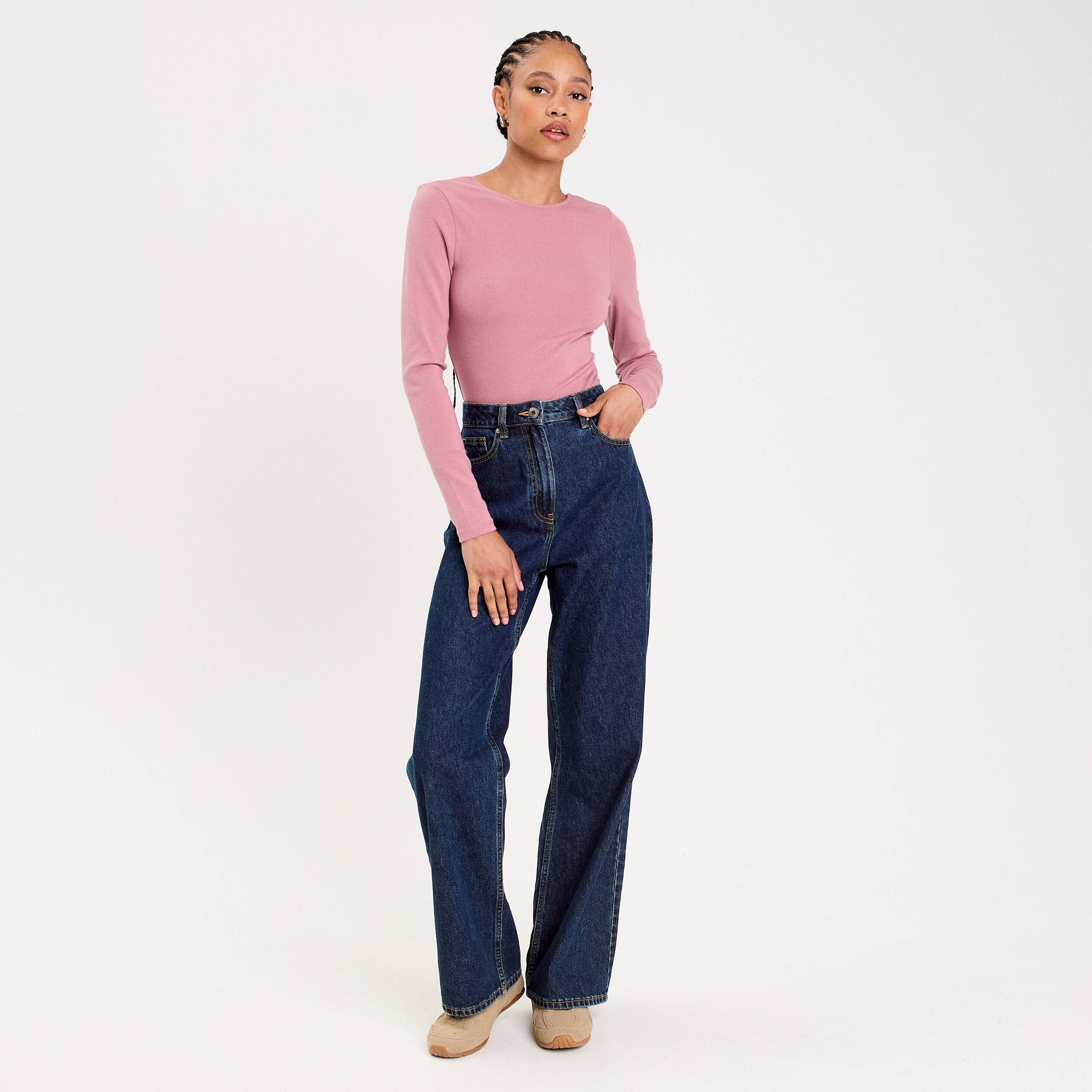 Body cintr&eacute; manches longues bateau vieux rose femme