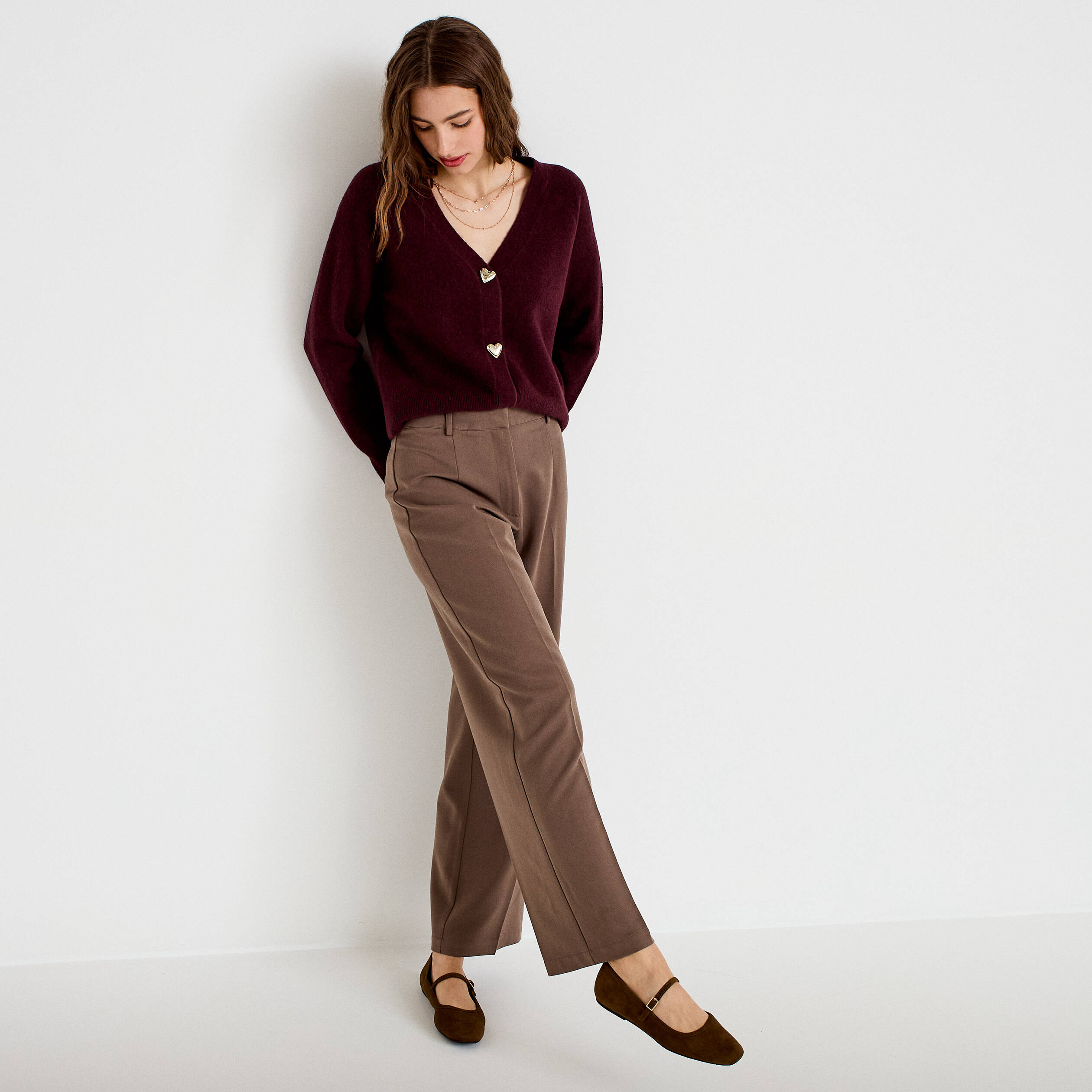 Pantalon bootcut taille haute taupe femme