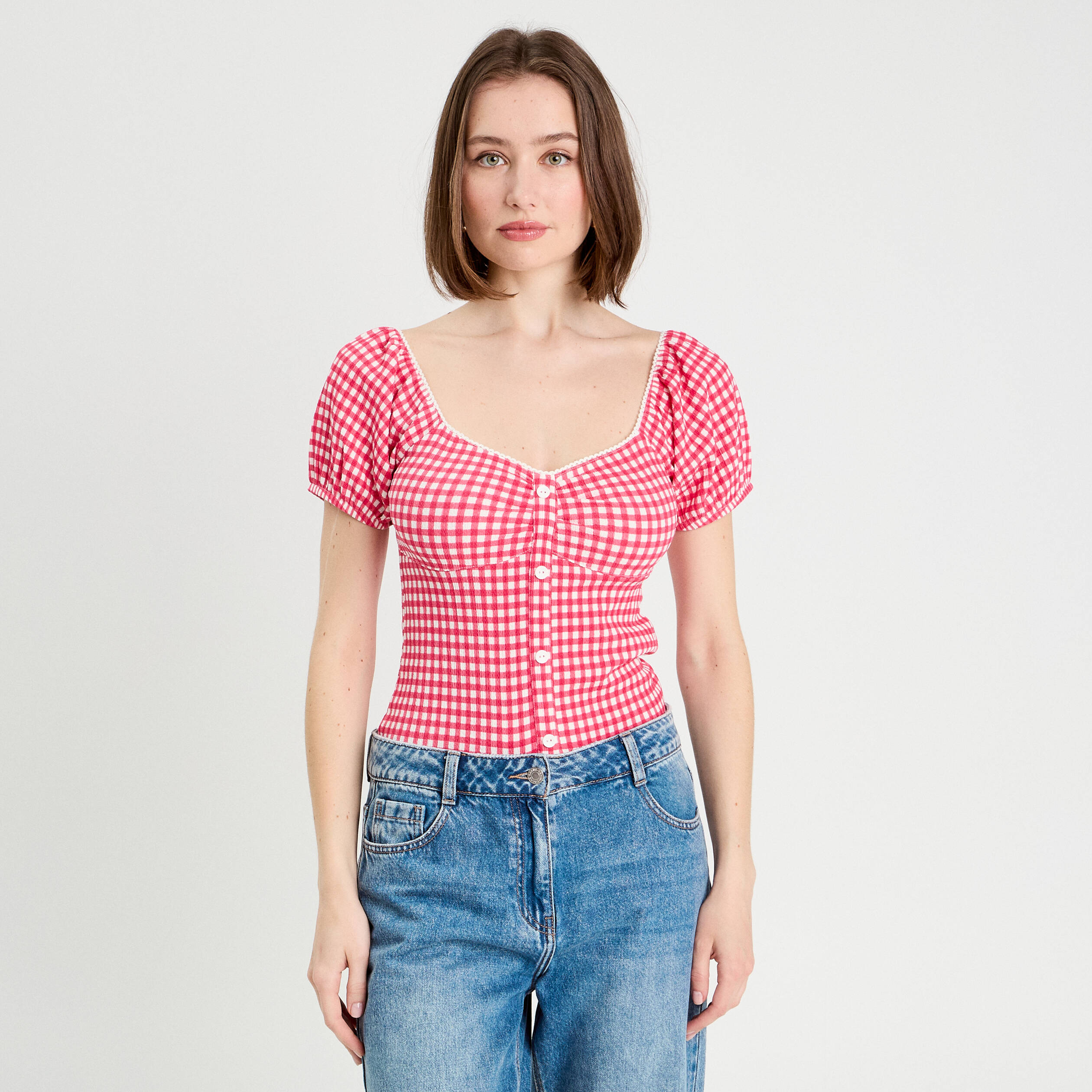 Blouse cropped rose framboise femme