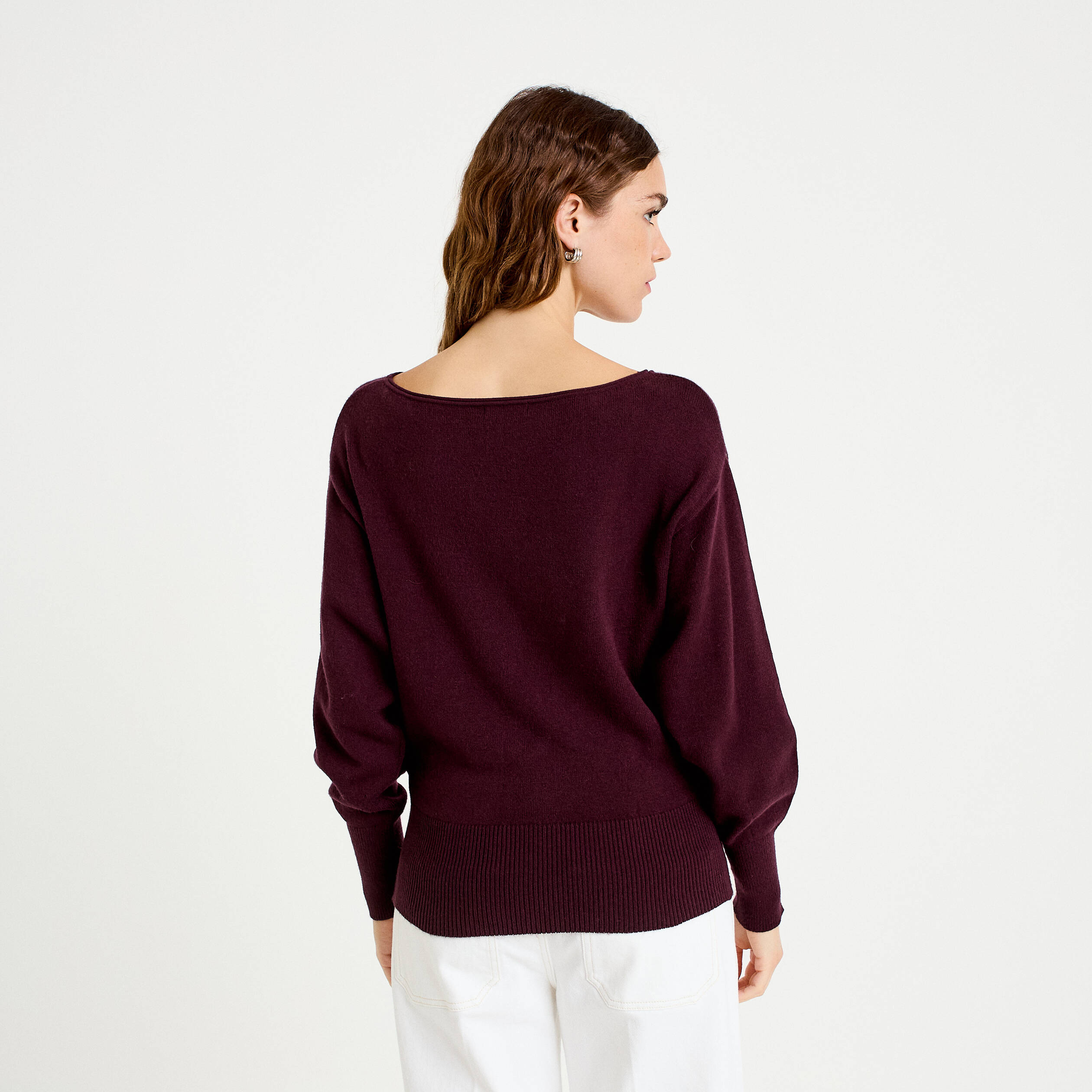 Pull oversize col bateau manches longues prune femme