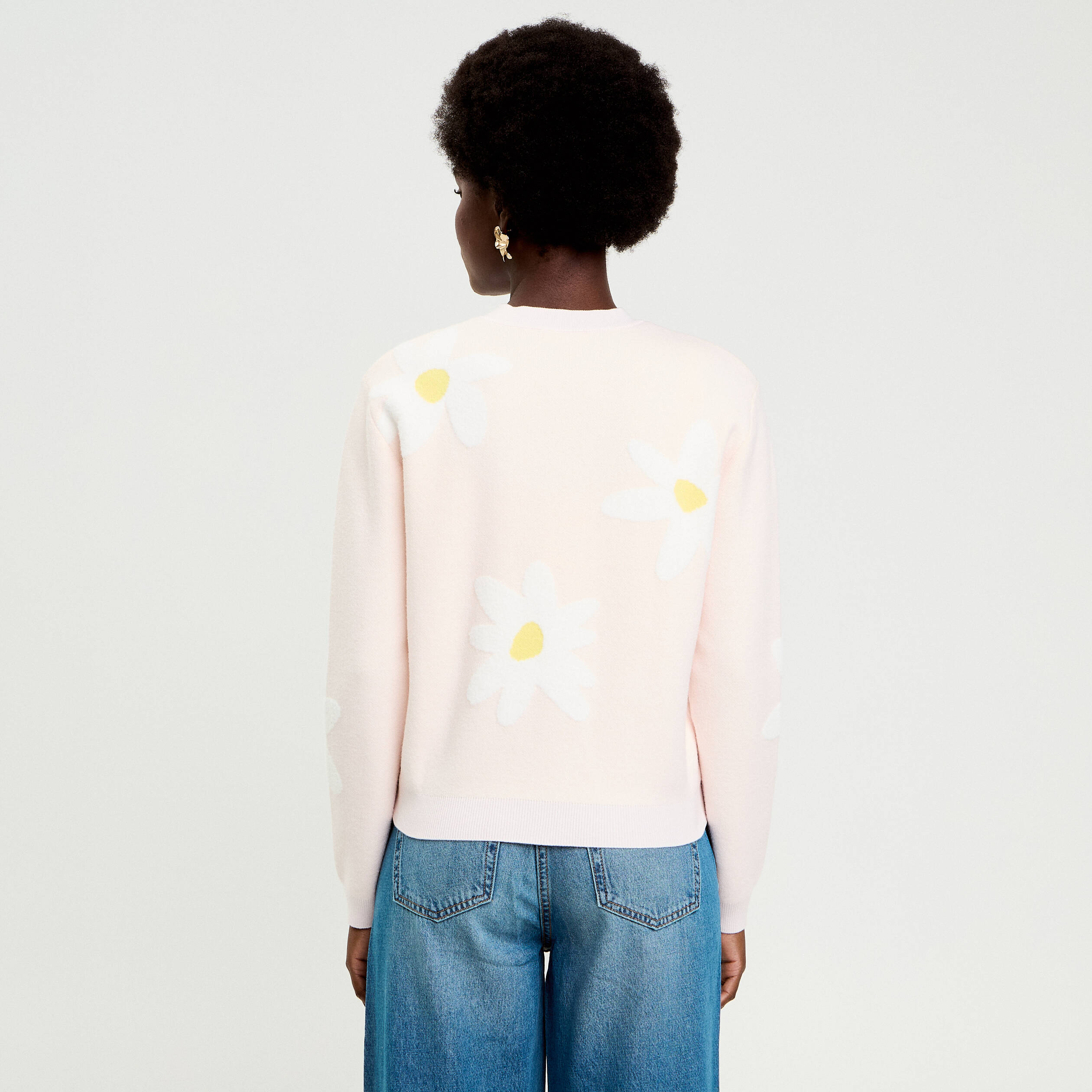 Pull motif fleurs rose clair femme