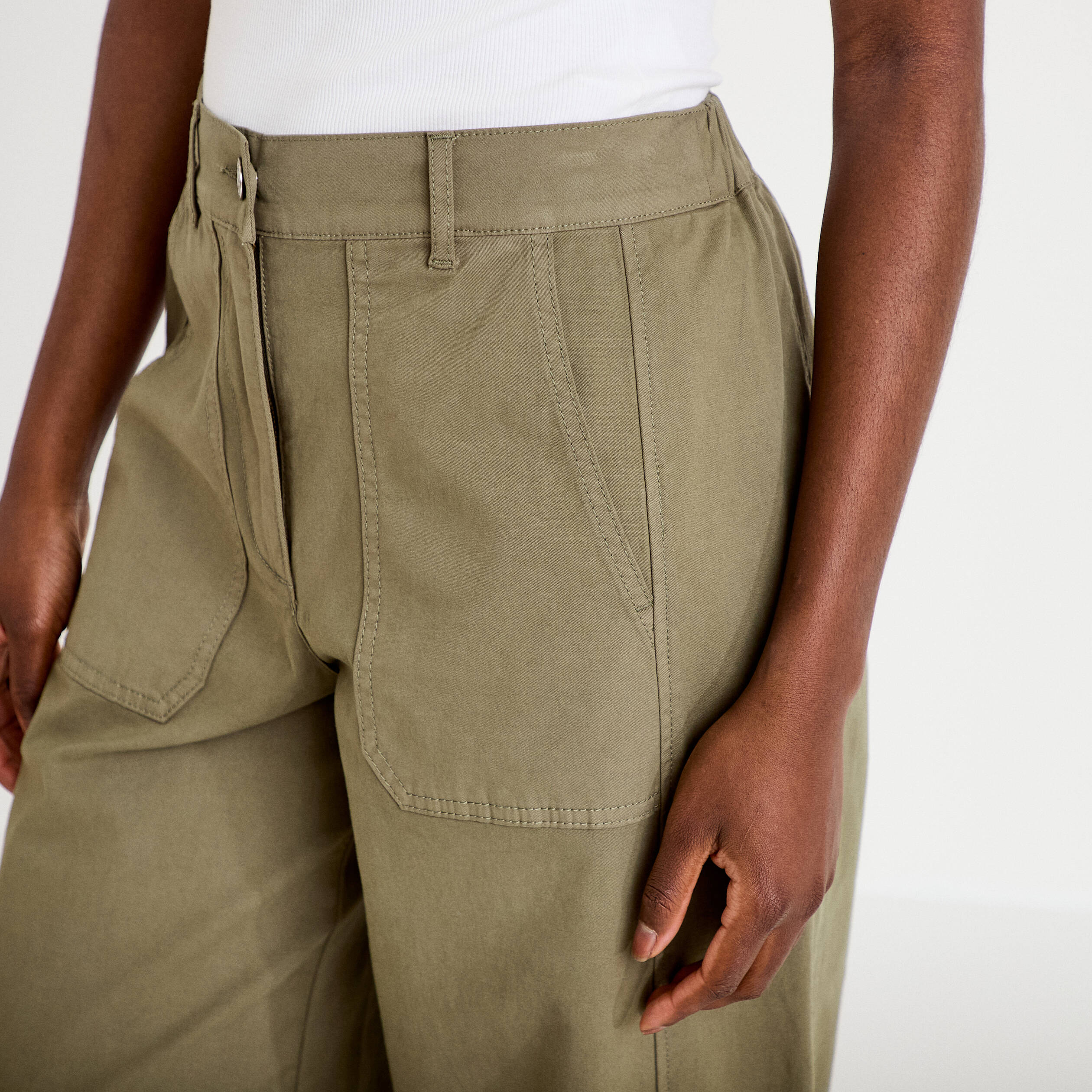 Pantalon barrel taille haute vert kaki femme