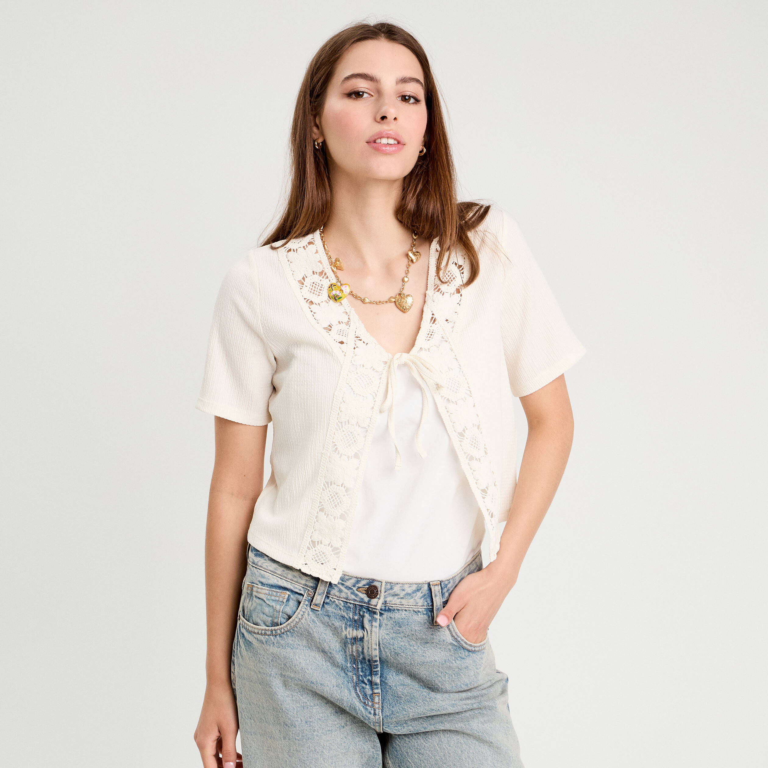 blouse manches courtes nouee ecru femme Blouse manches courtes nouée ecru femme
