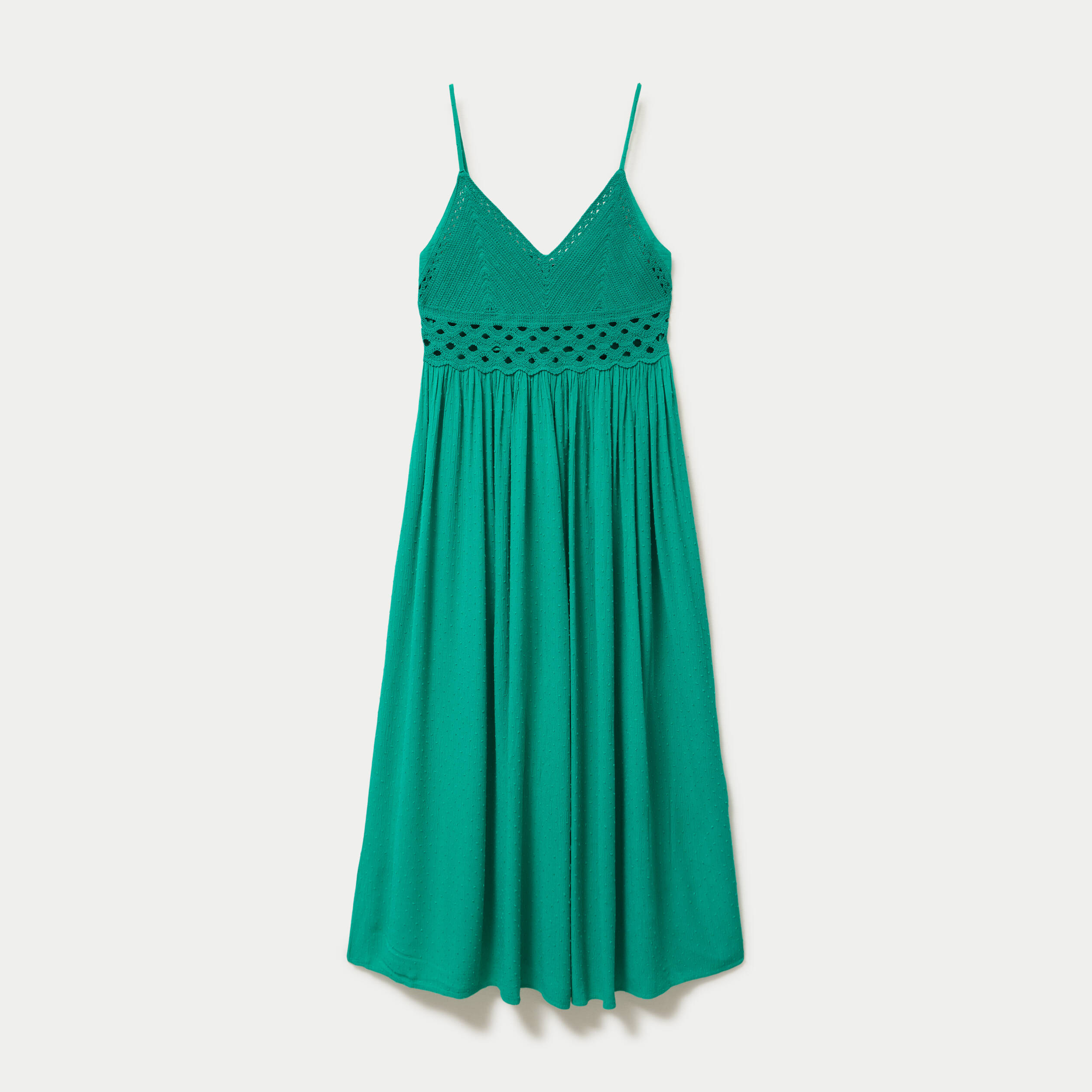 Robe longue bi-mati&egrave;re col v vert femme