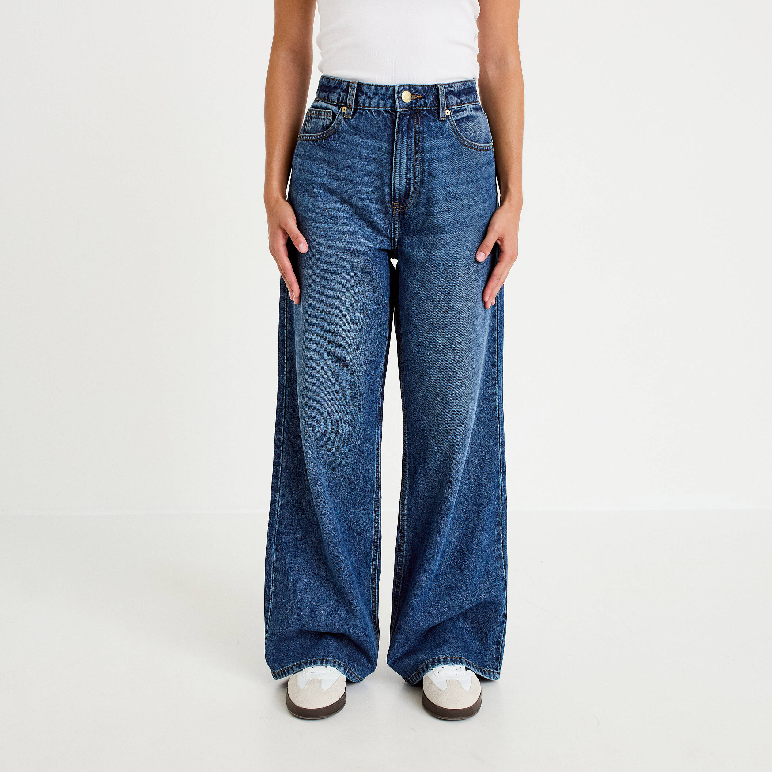 Jean wide leg taille haute Petite bleu fonc&eacute; femme