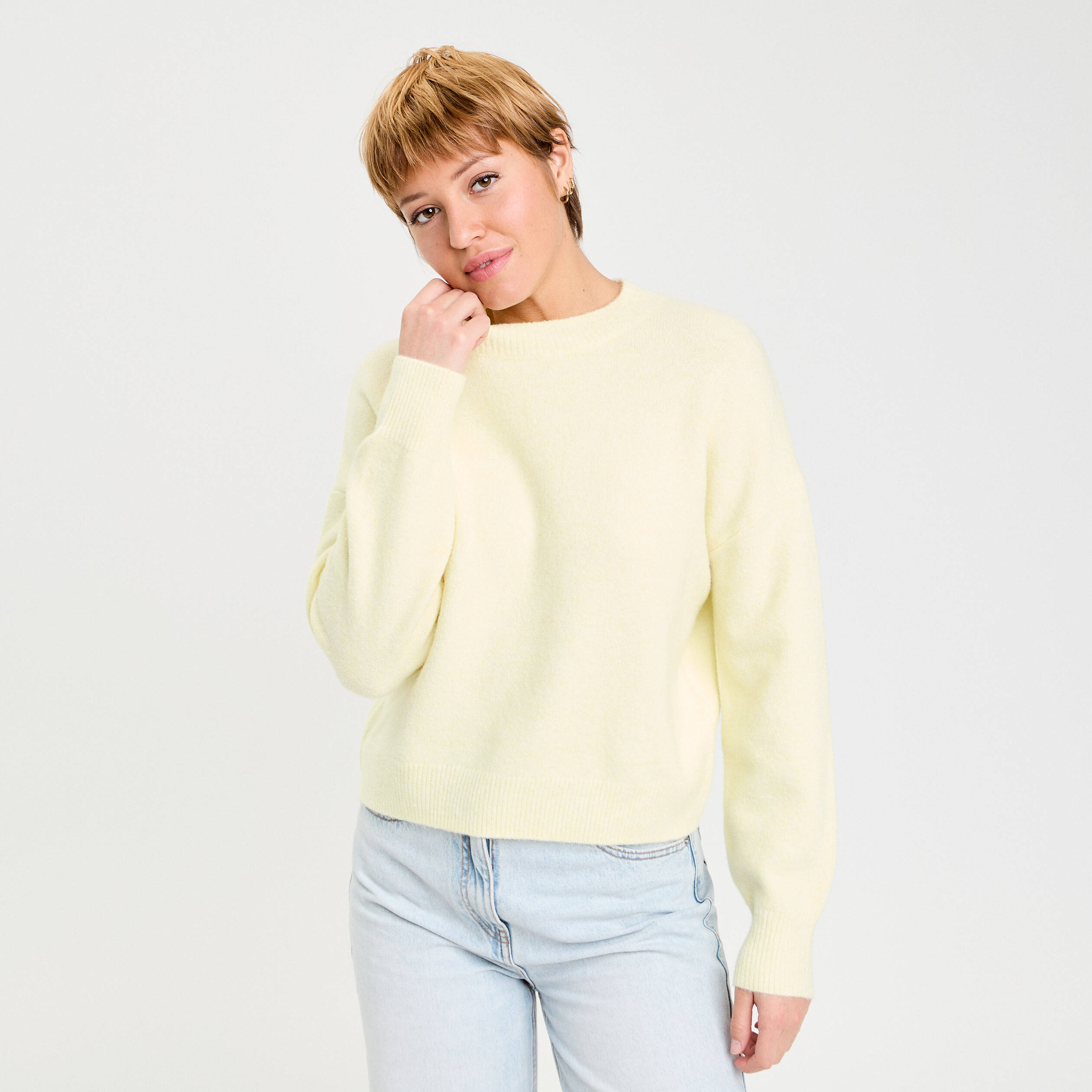 Pull col rond jaune clair femme