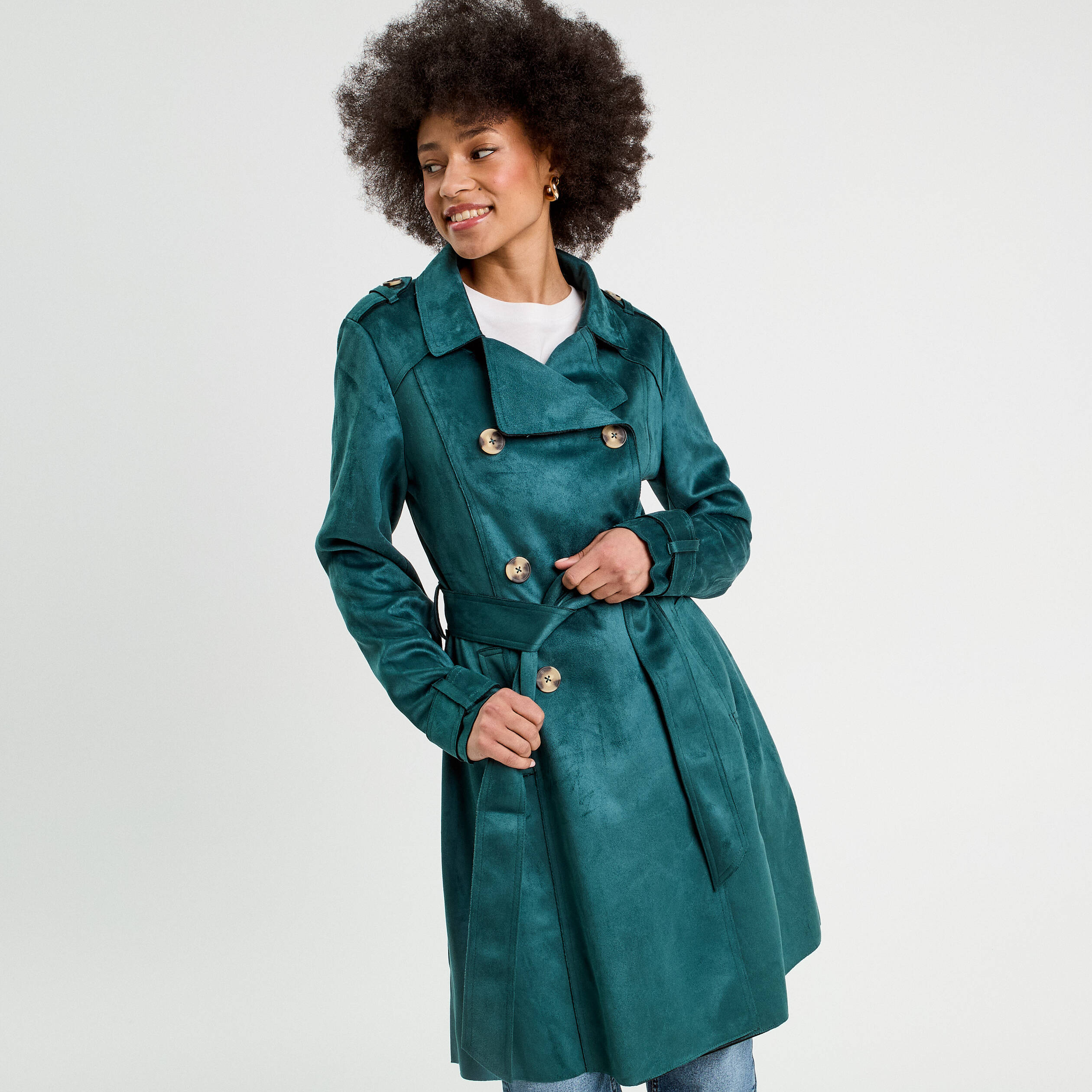 Trench long cintré suédine bleu canard femme