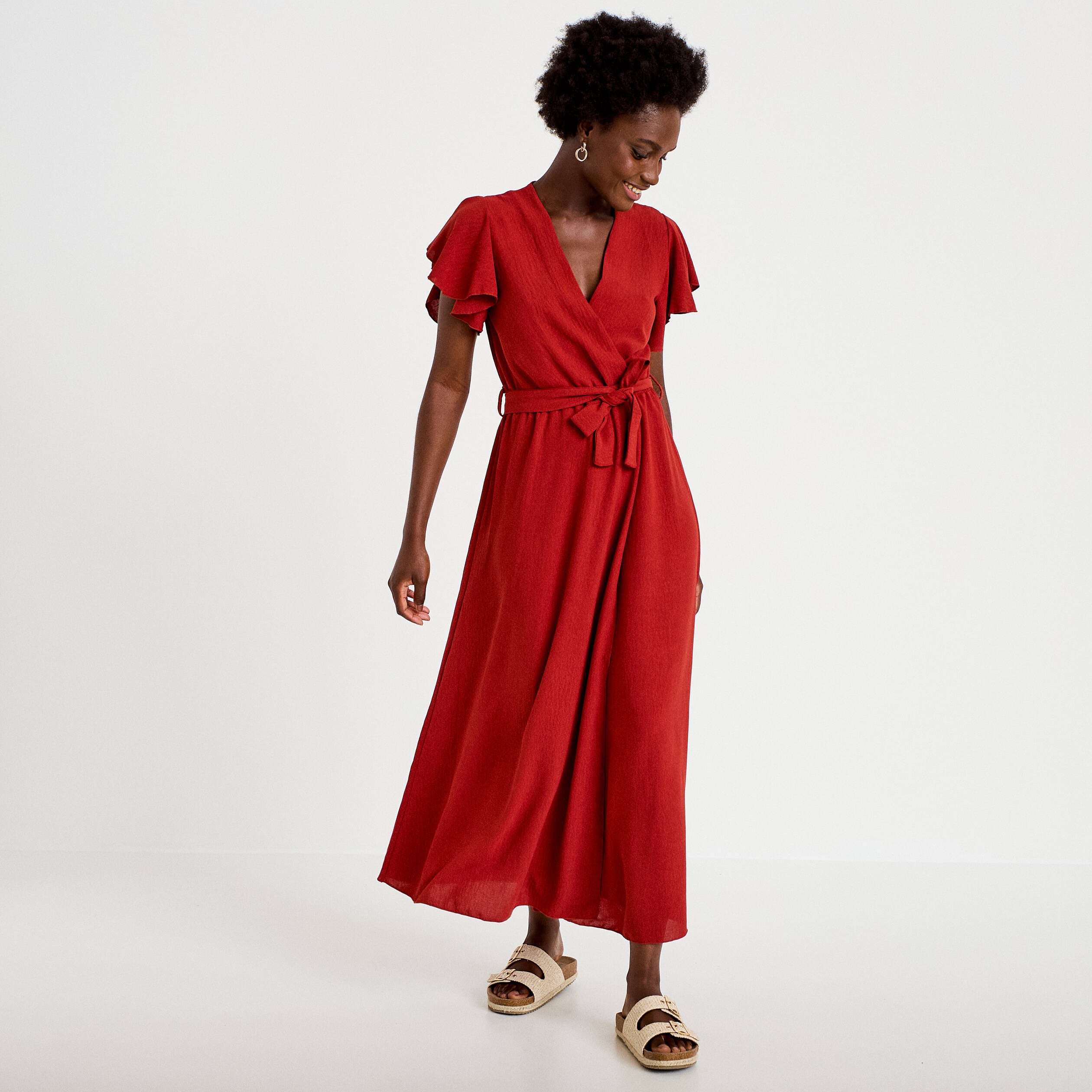 Robe longue &eacute;vas&eacute;e manches courtes orange fonc&eacute; femme