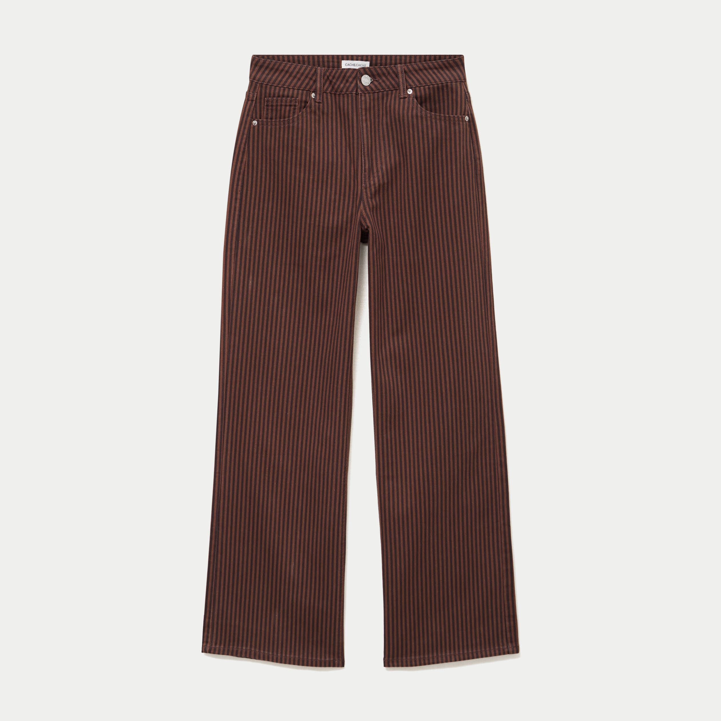 Jean wide leg ray&eacute; taille haute marron femme