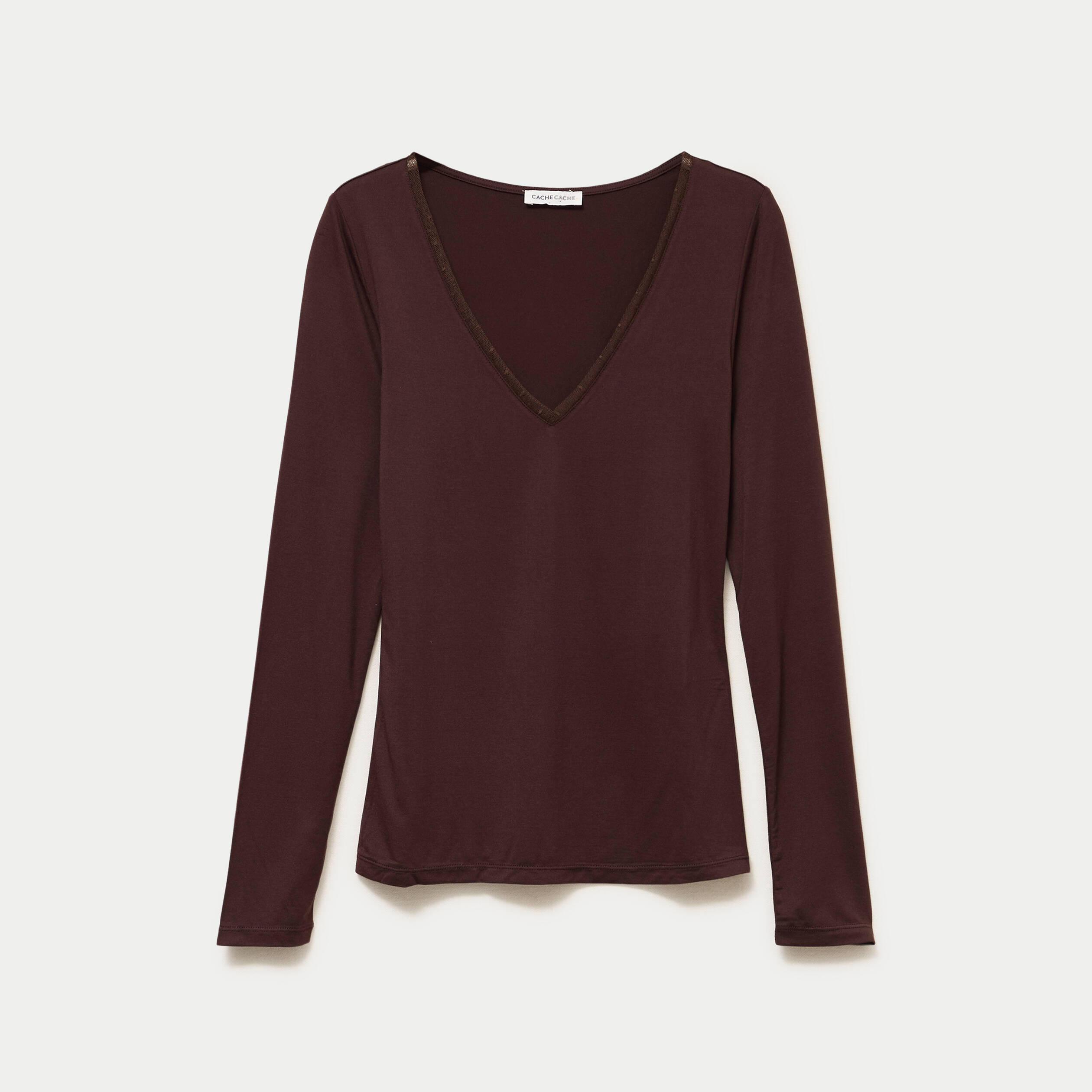 T-shirt thermique col en V plumetis marron fonc&eacute; femme