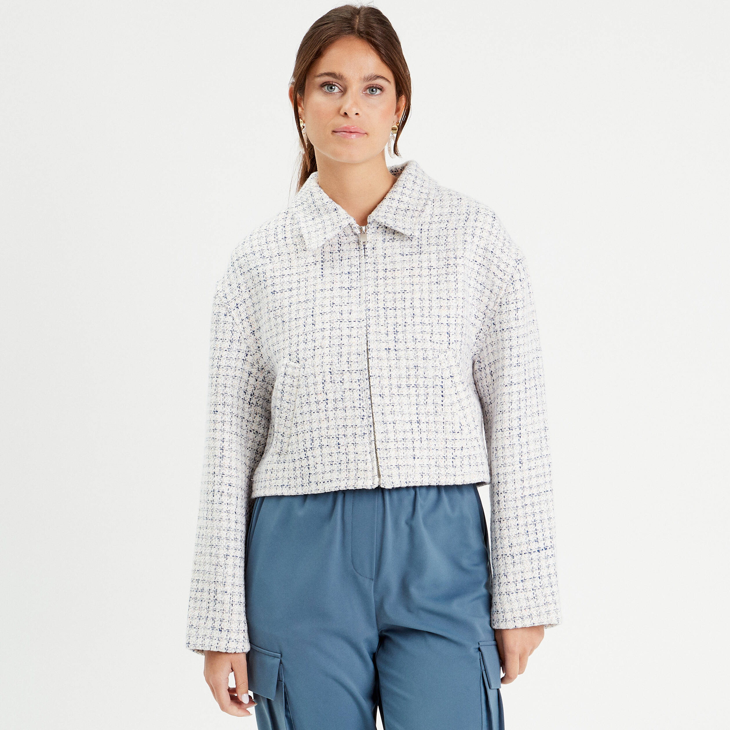Veste courte oversize zipp&eacute;e blanc femme