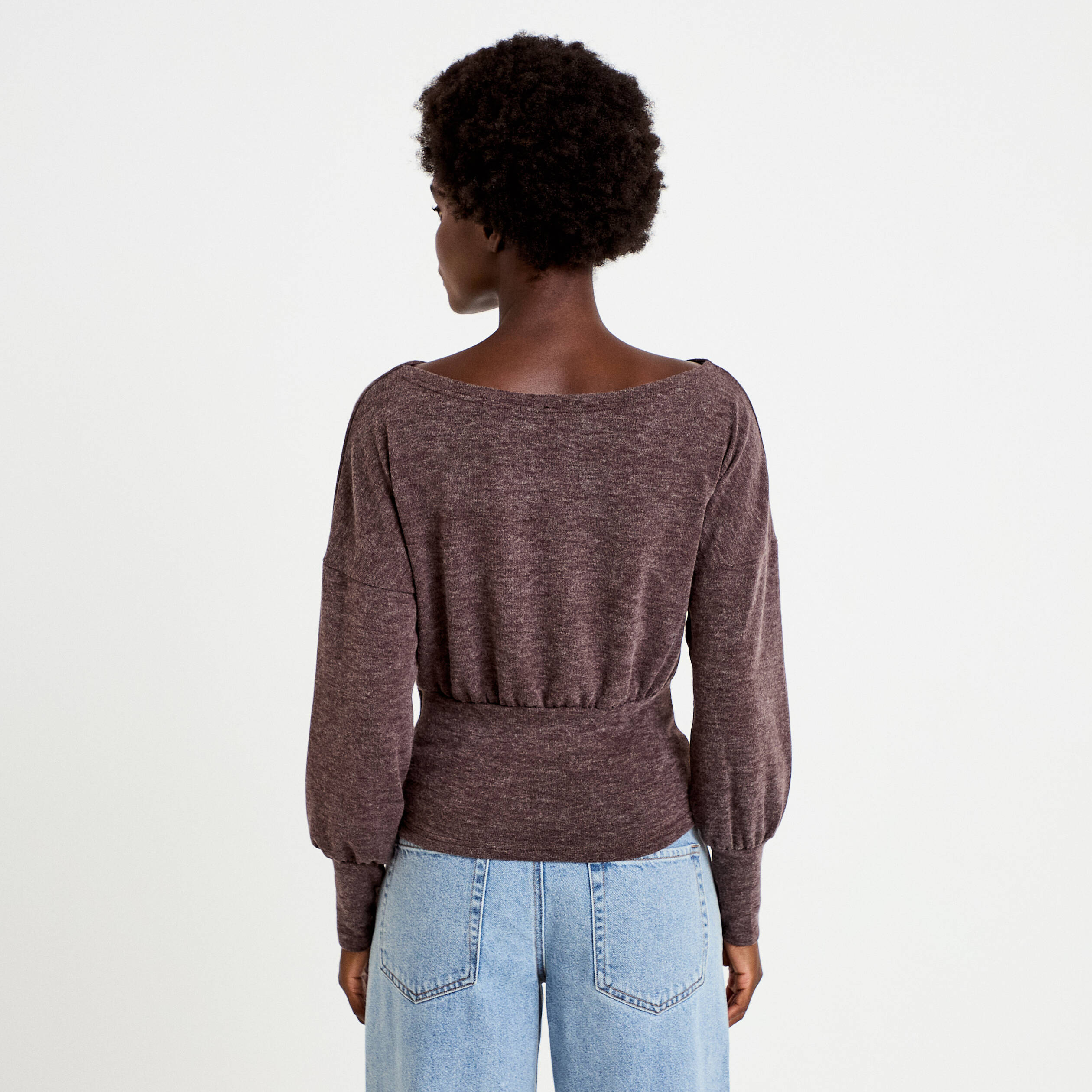 Pull col bateau manches longues marron fonc&eacute; femme