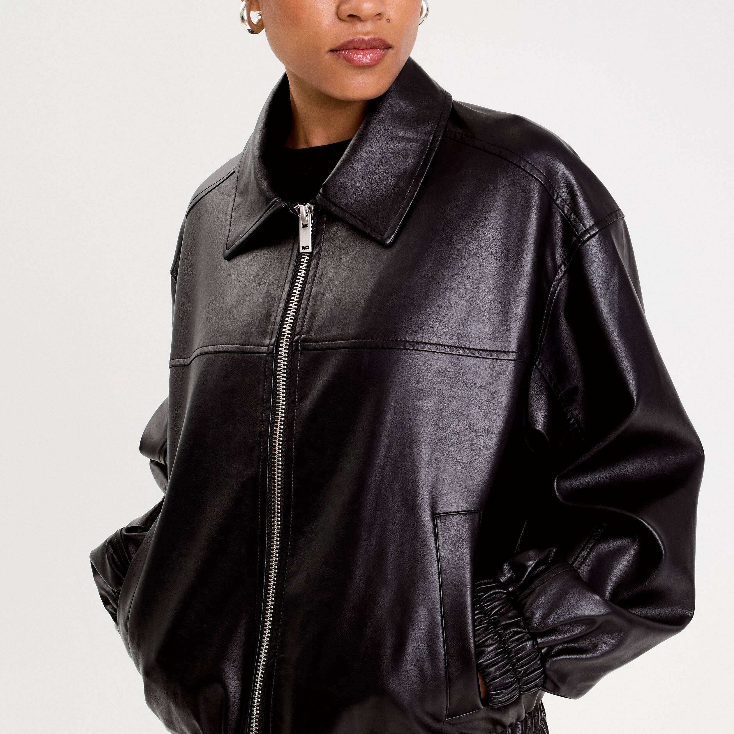 Bomber oversize similicuir col chemise noir femme Vibs