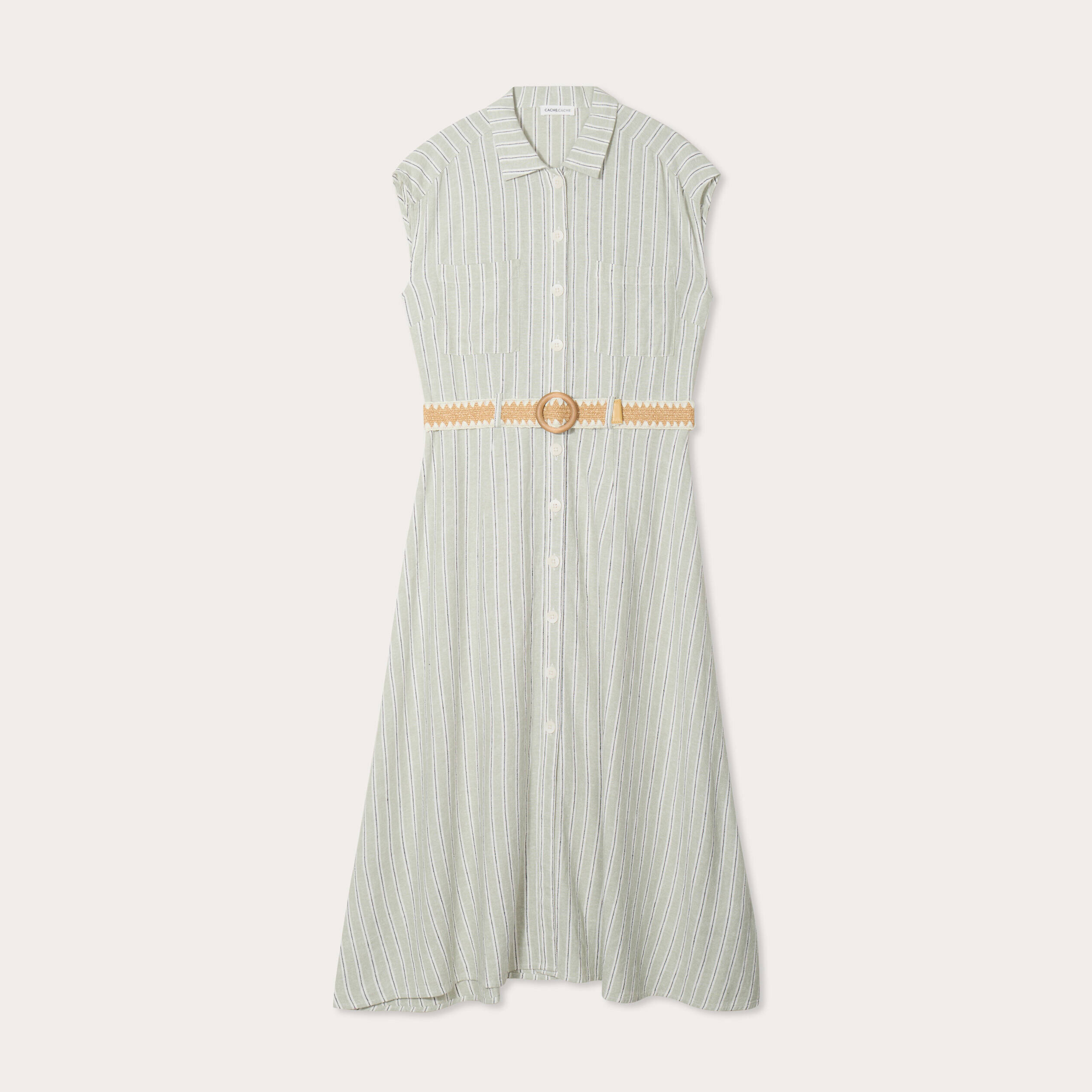 Robe chemise midi contenant du lin vert femme