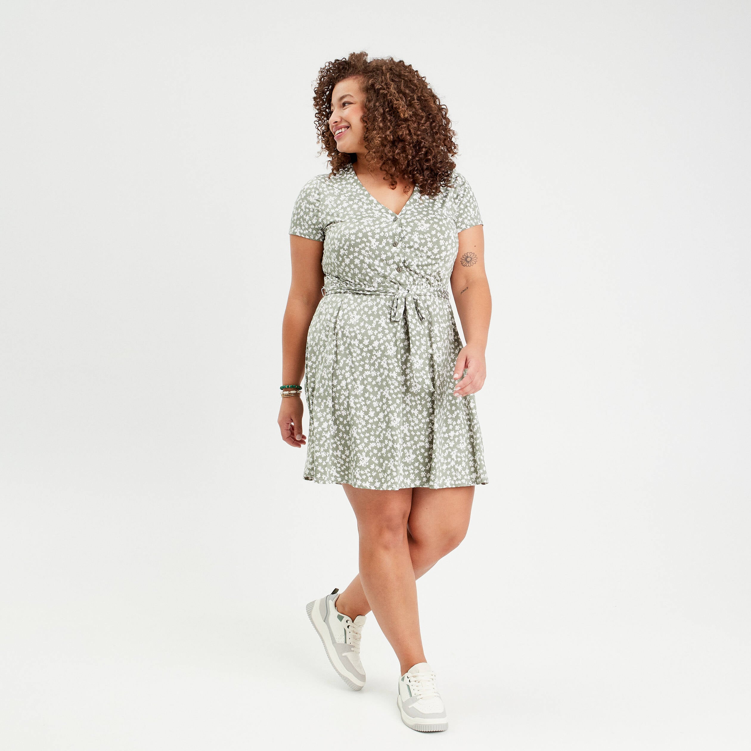 Robe patineuse ceintur&eacute;e vert femme