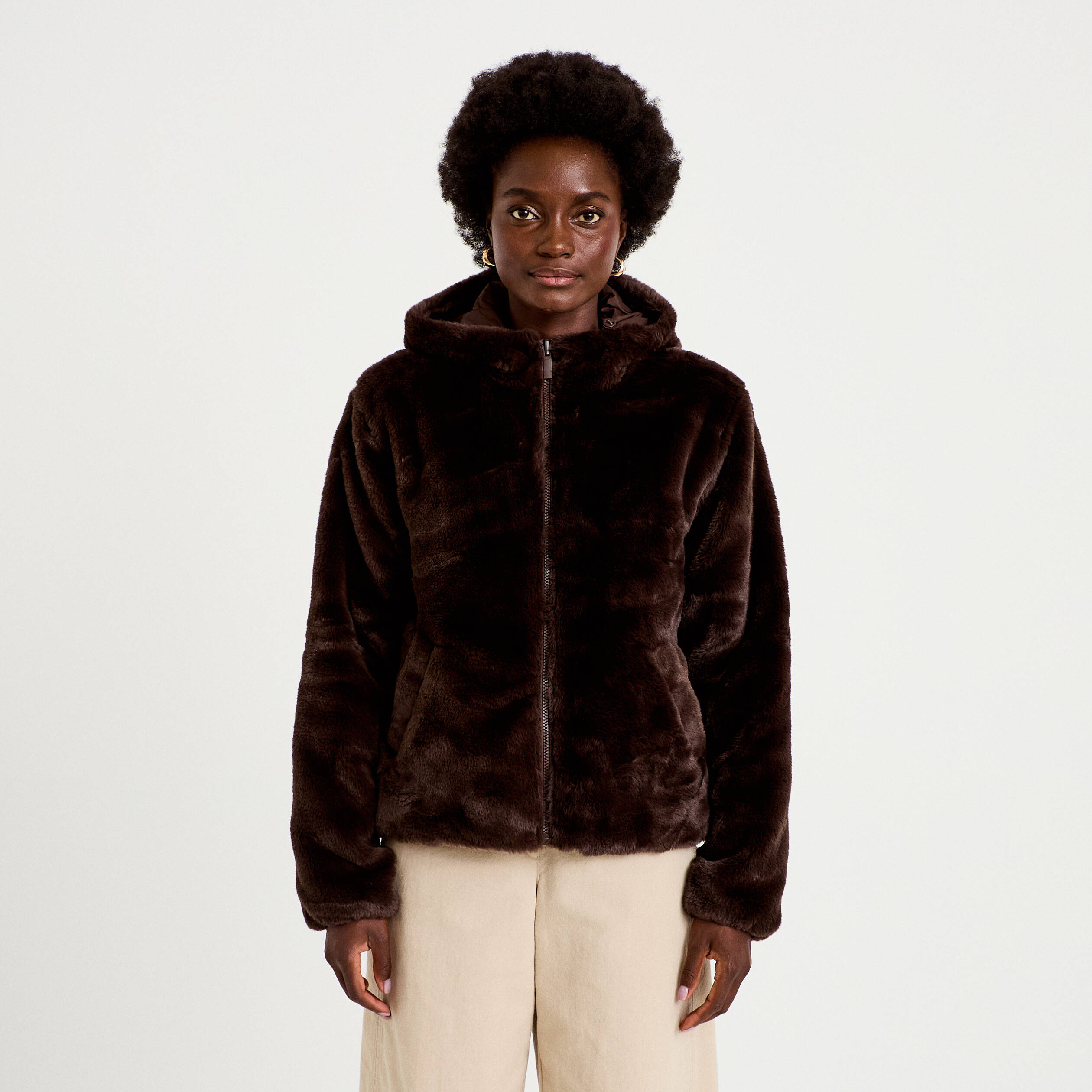 Parka r&eacute;versible &agrave; capuche marron fonc&eacute; femme