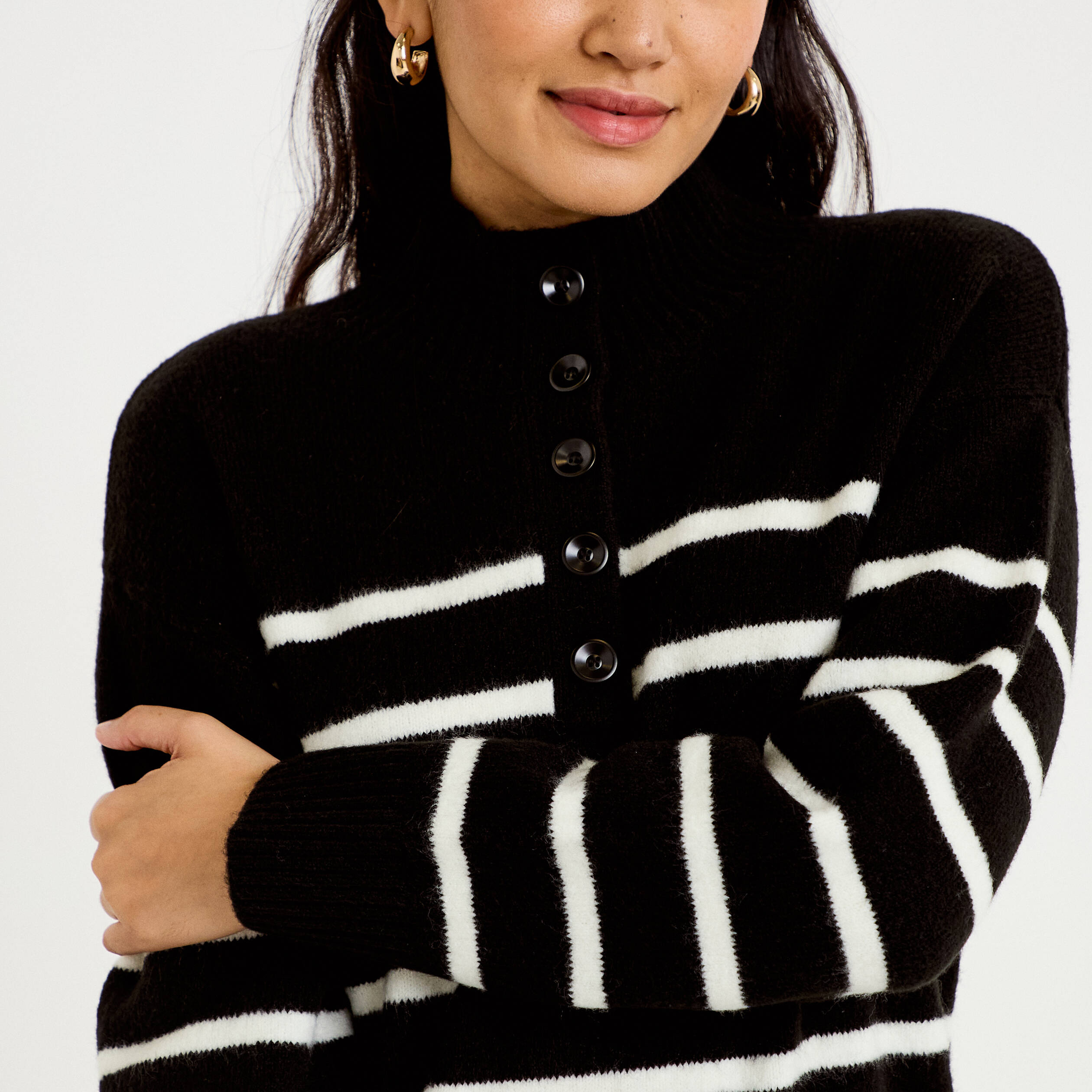 Robe pull droite manches longues 3/4 noir femme