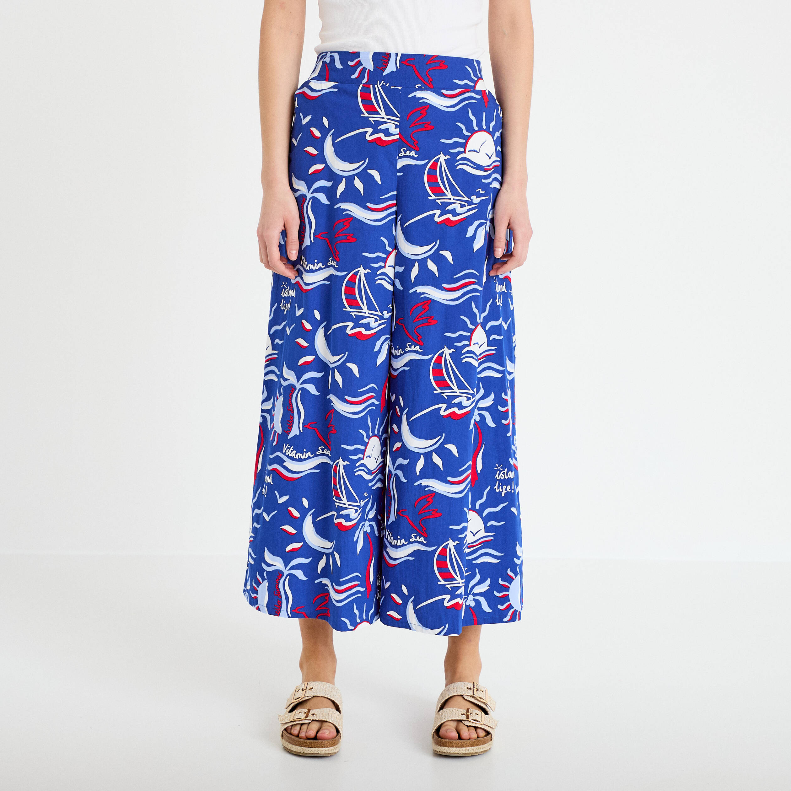 Pantalon large 3/4 taille standard bleu marine femme